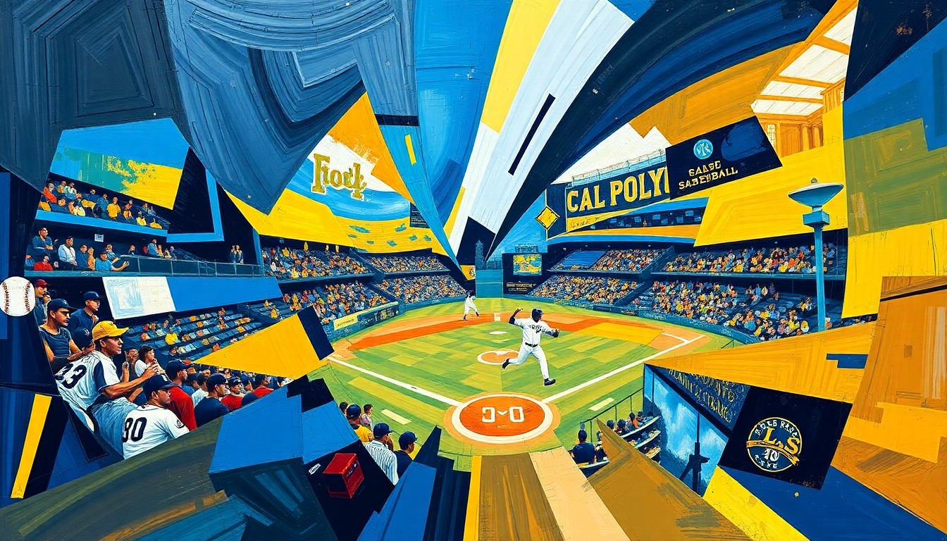 An abstract, cubist-style painting featuring overlapping geometric shapes and planes in the colors of Cal Poly and San Jose State, capturing the energy and intensity of their baseball matchup.