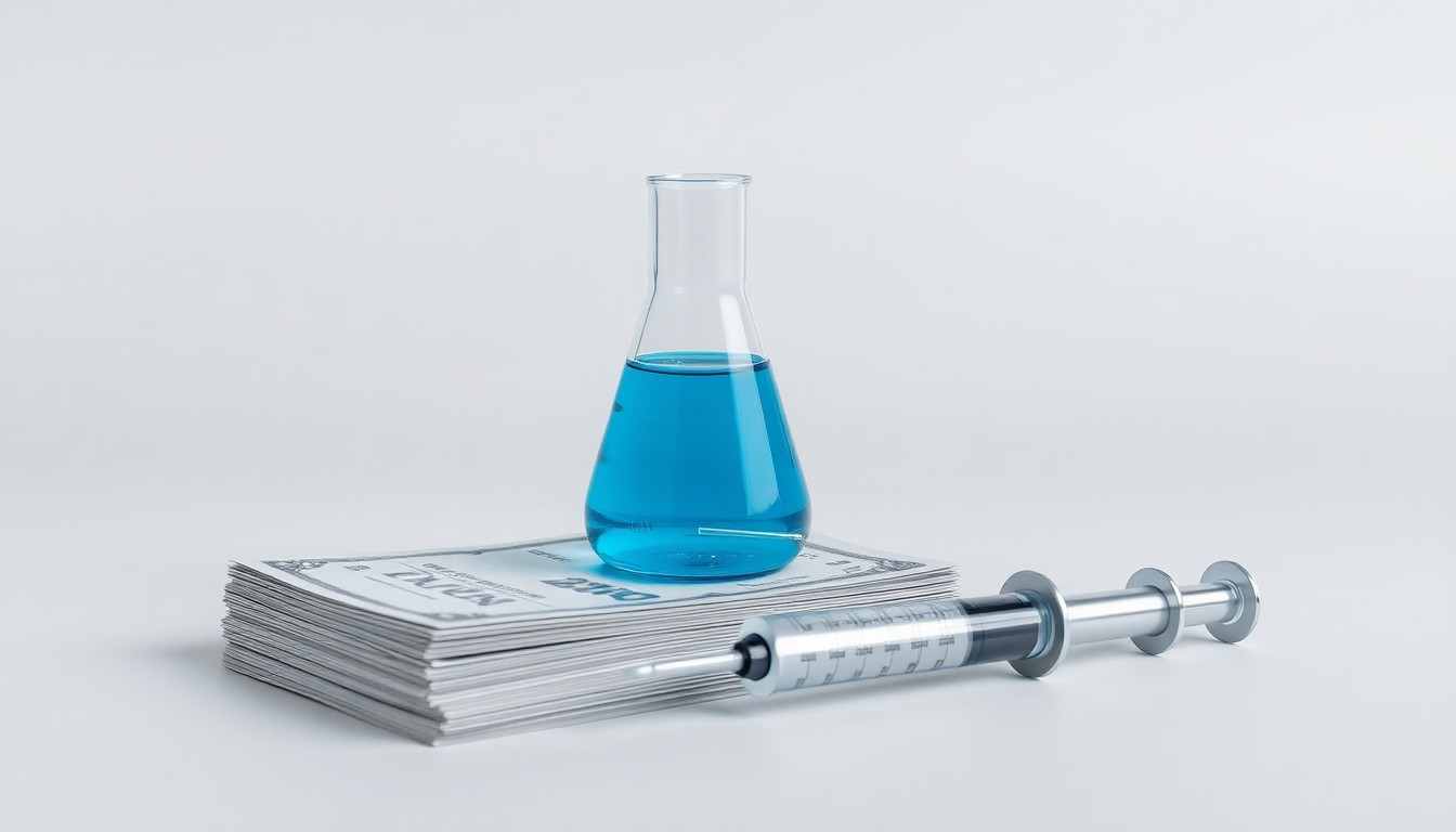 A minimalist, photorealistic studio still life featuring a stack of polished metal stock tickers, a glass beaker filled with a vibrant blue liquid, and a sleek silver syringe, all arranged elegantly on a clean, monochromatic background, conceptually representing the intersection of biotechnology, finance, and mental health innovation.