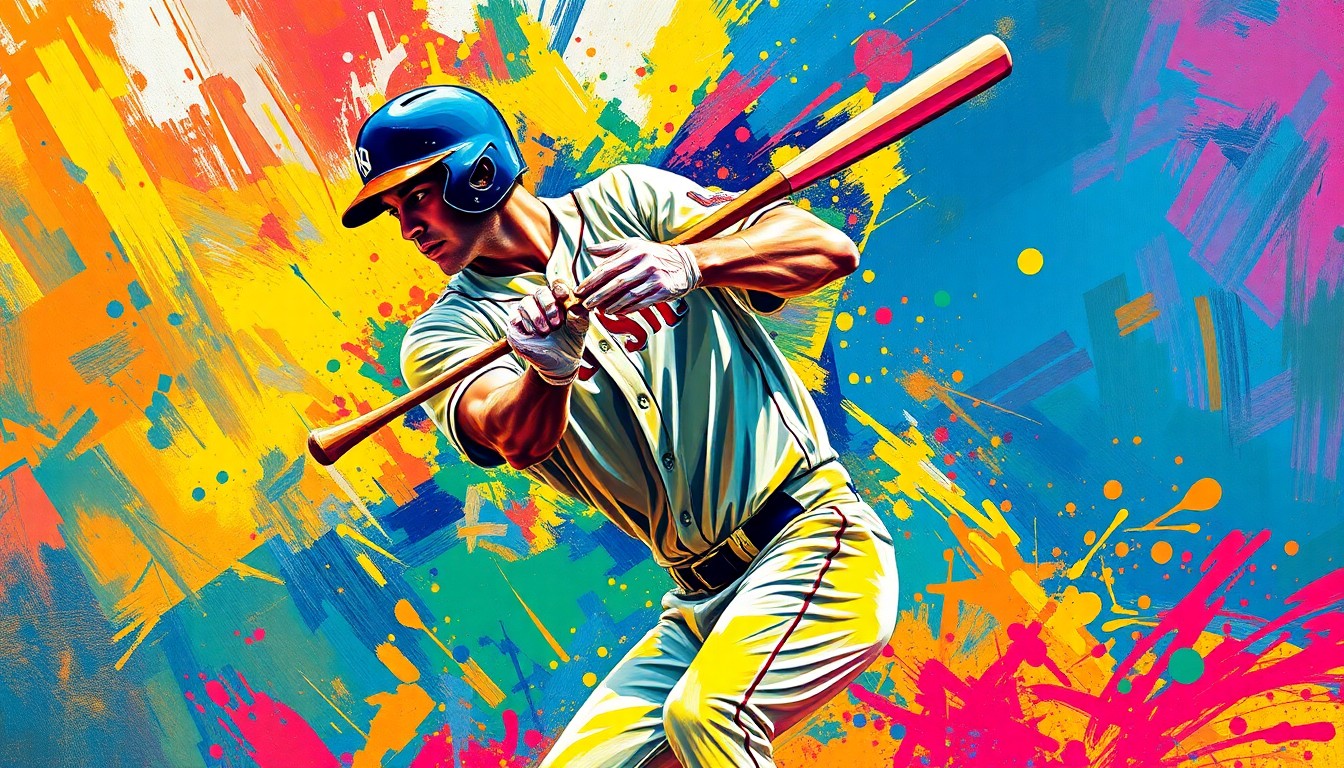 An abstract, expressionist painting using vibrant neon colors and rapid brushstrokes to capture the dynamic energy and raw power of a baseball player swinging a bat, conceptually representing the excitement and momentum of the Yankees' comeback win.