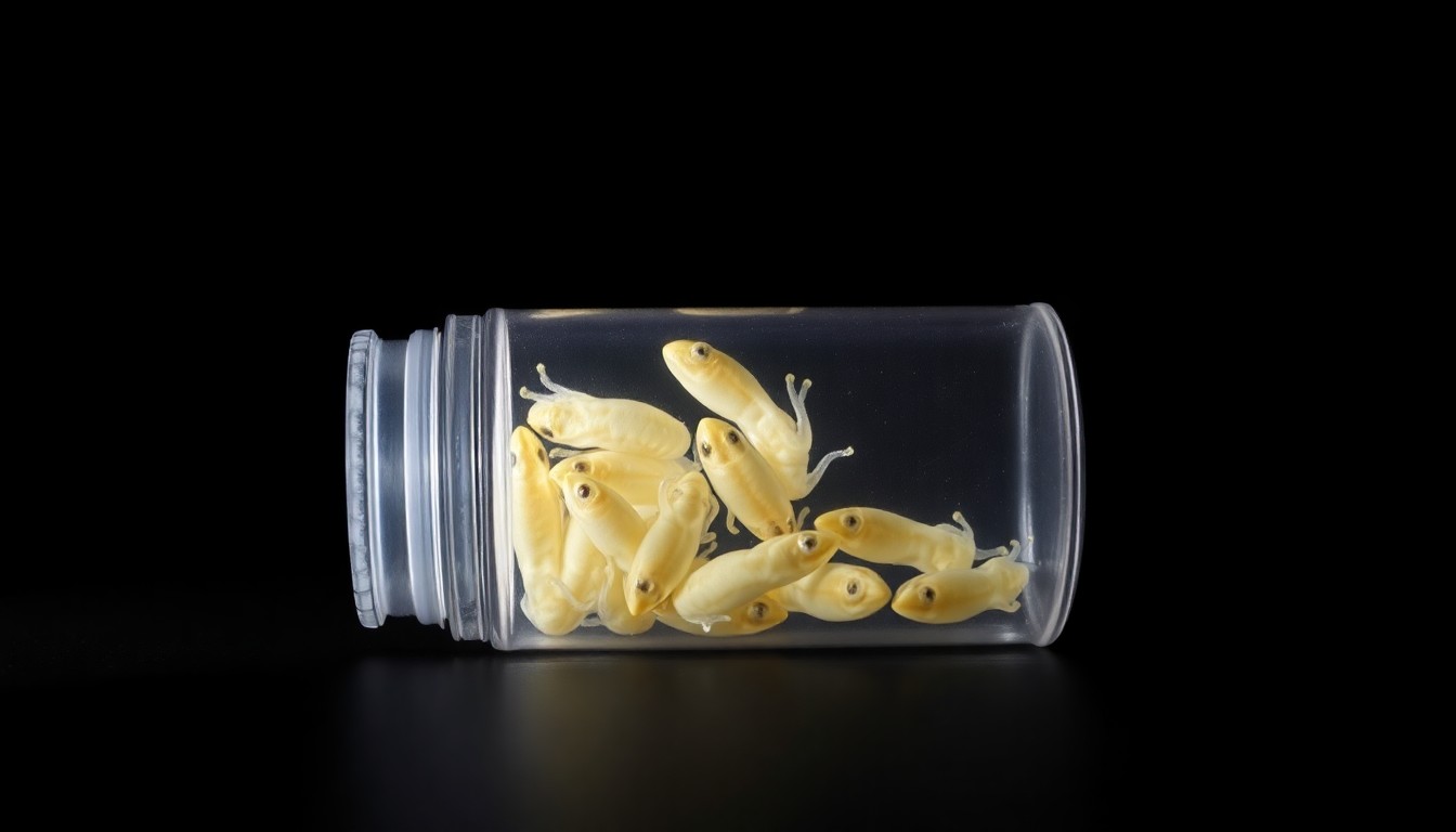 An extreme close-up of a small glass vial containing frog embryos, lit by a harsh, direct camera flash against a pitch-black background, creating a stark, gritty, investigative aesthetic.