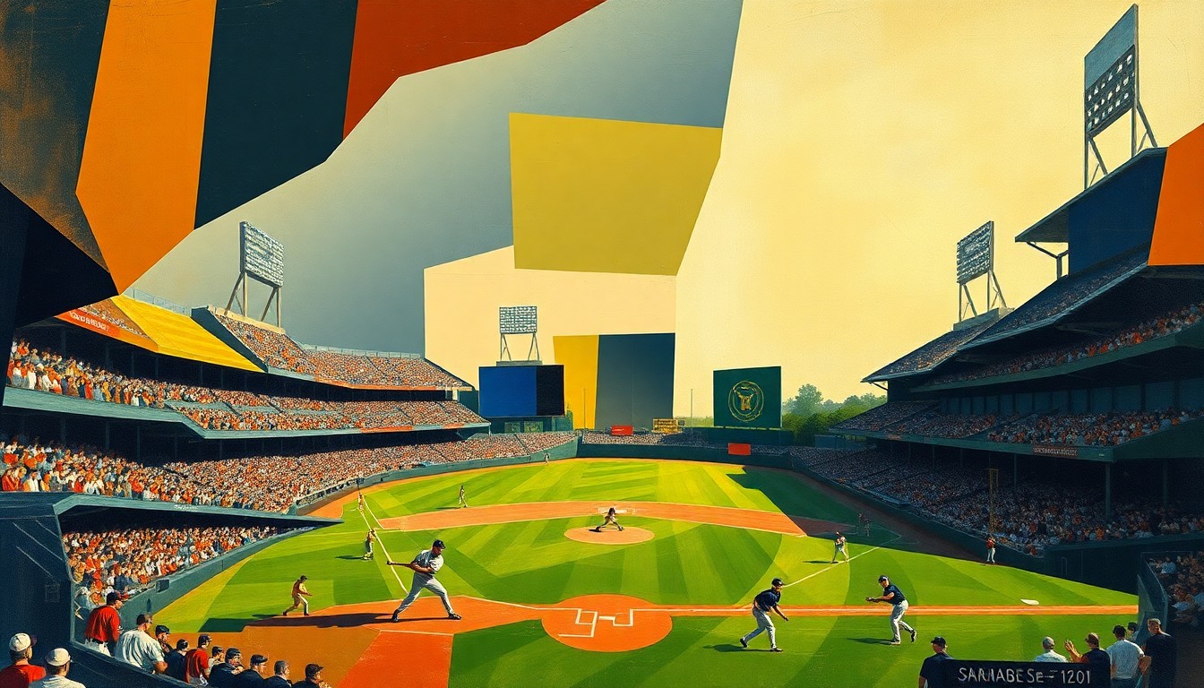 A fragmented, abstract painting in the style of Pablo Picasso, depicting a baseball game reduced to sharp, overlapping geometric shapes and planes of color, without any recognizable figures or details.