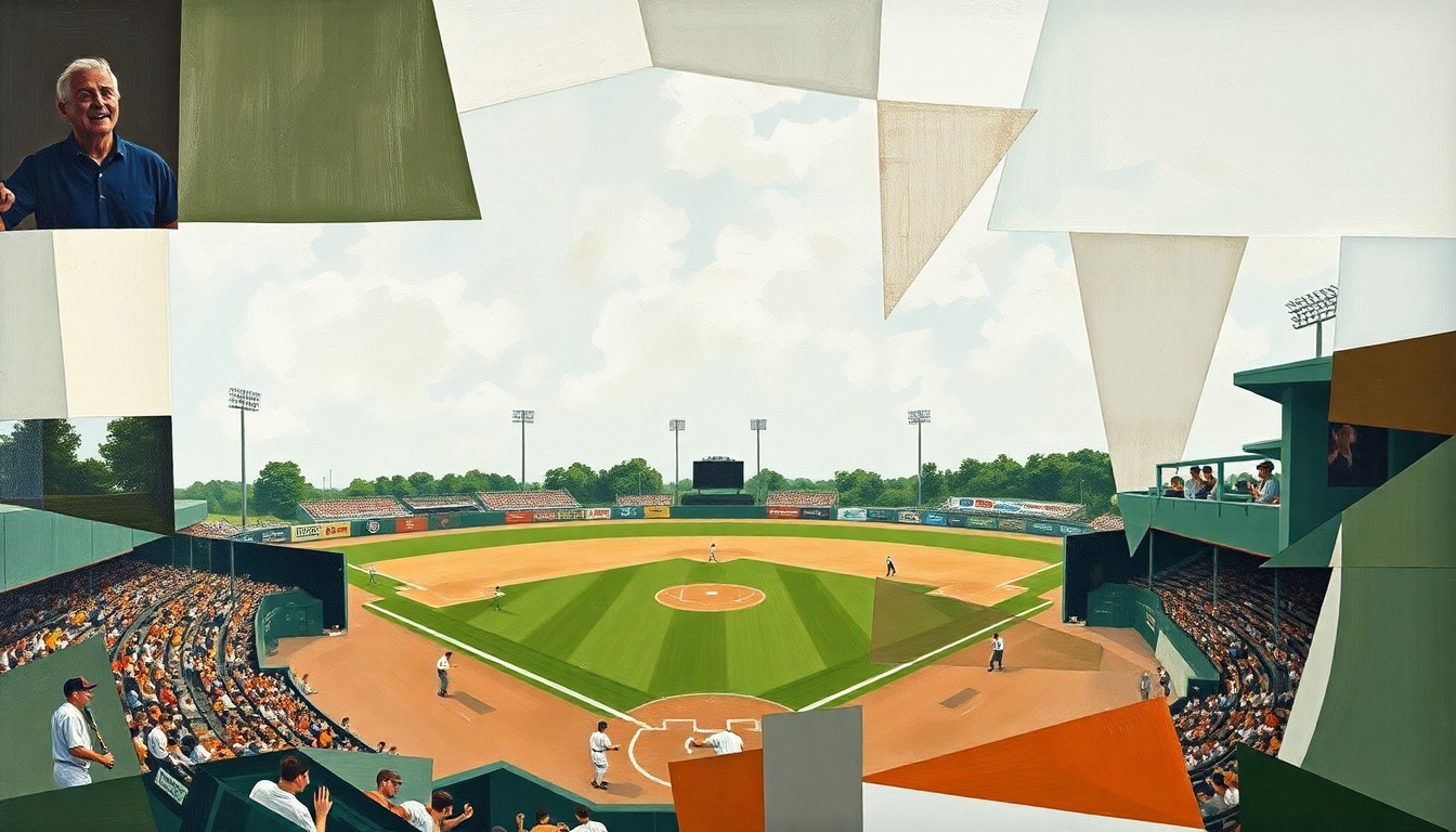 A cubist-style painting featuring overlapping geometric shapes and planes in shades of green, brown, and white, representing the action and energy of a high school baseball game.