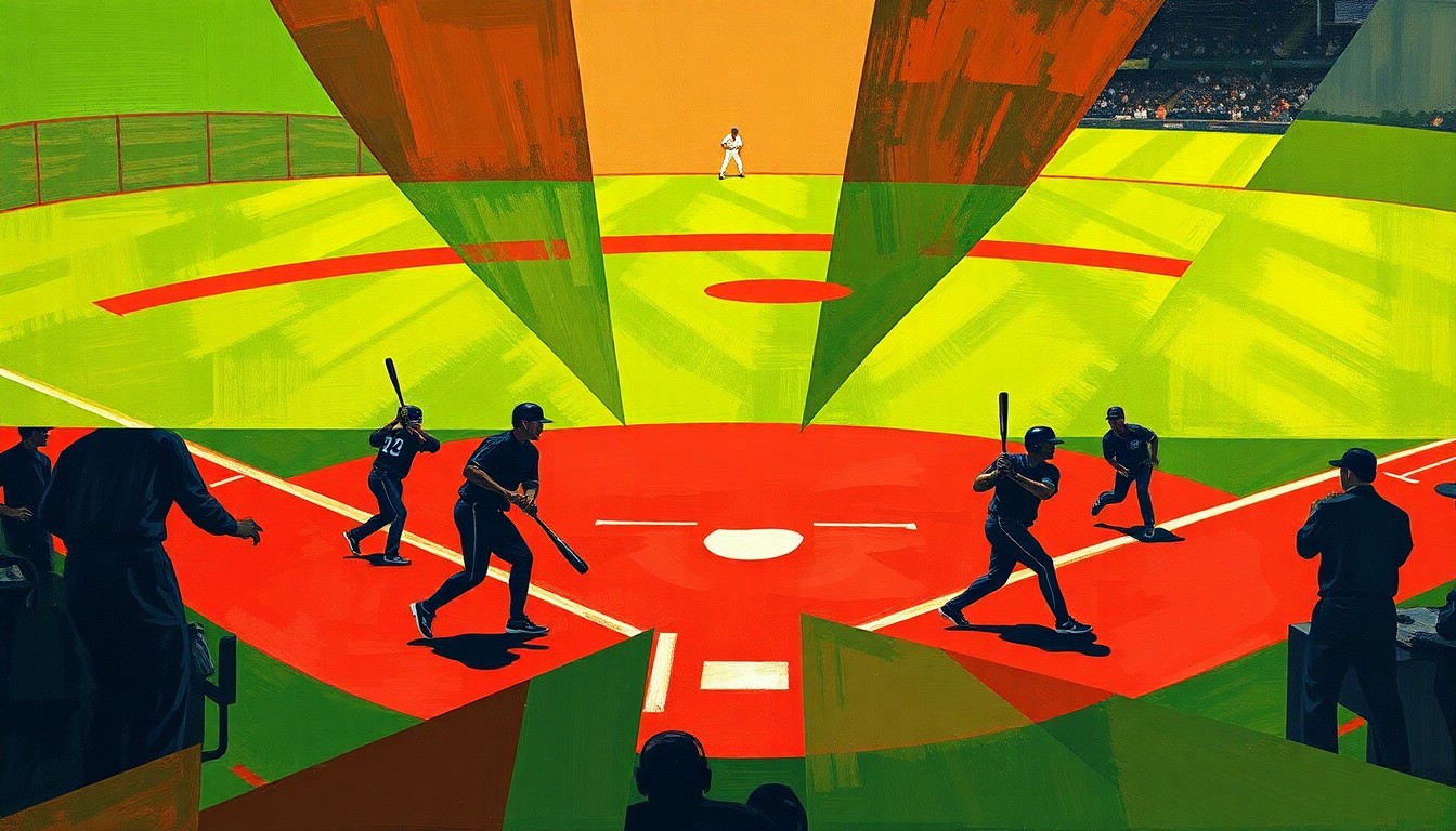 A cubist, geometric painting depicting a baseball game, with the field and players broken down into overlapping planes of bright green, red, and silhouetted figures in motion.