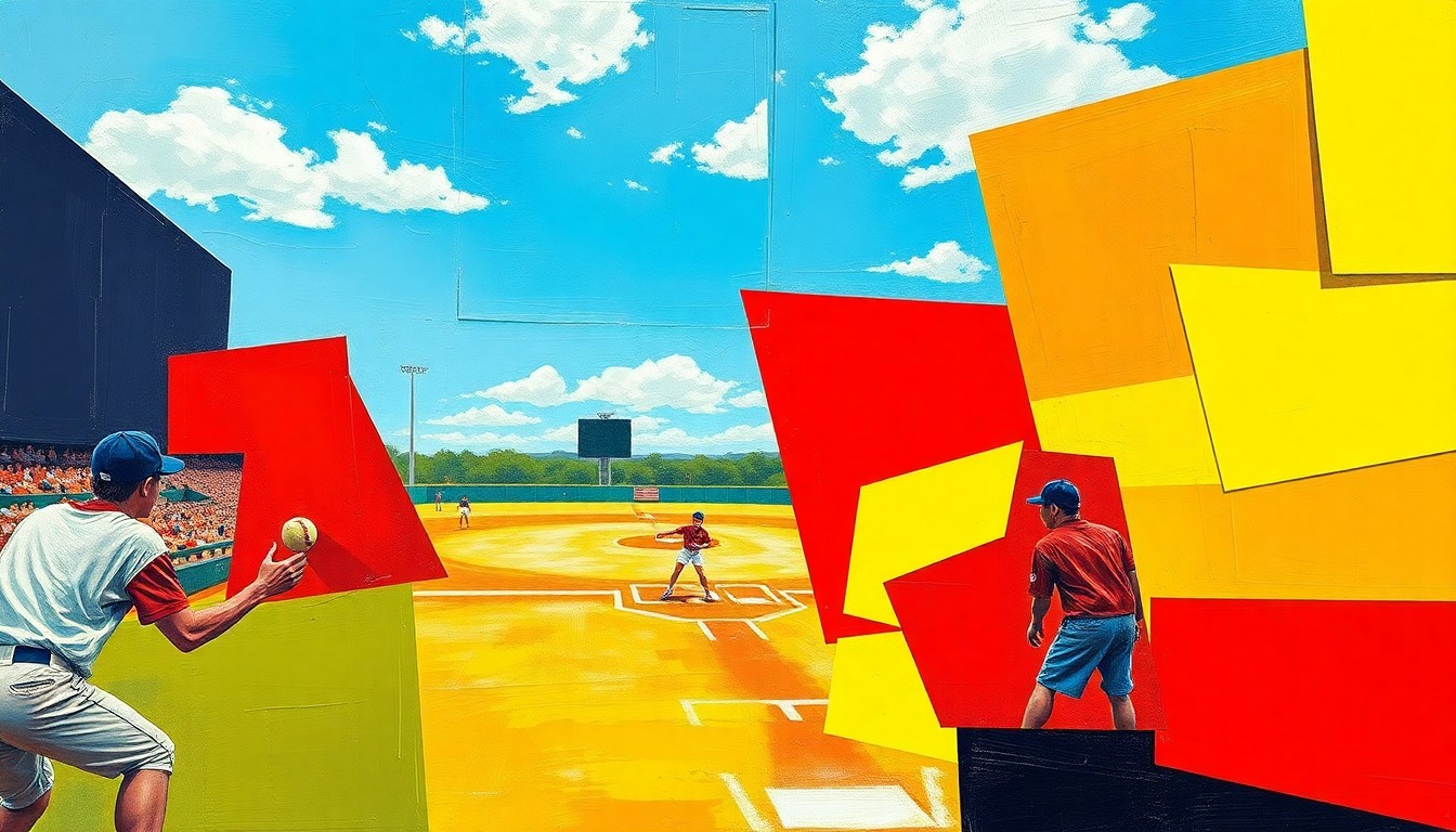 A vibrant, geometric painting with sharp, overlapping planes of color representing the energy and competition of a high school softball game.