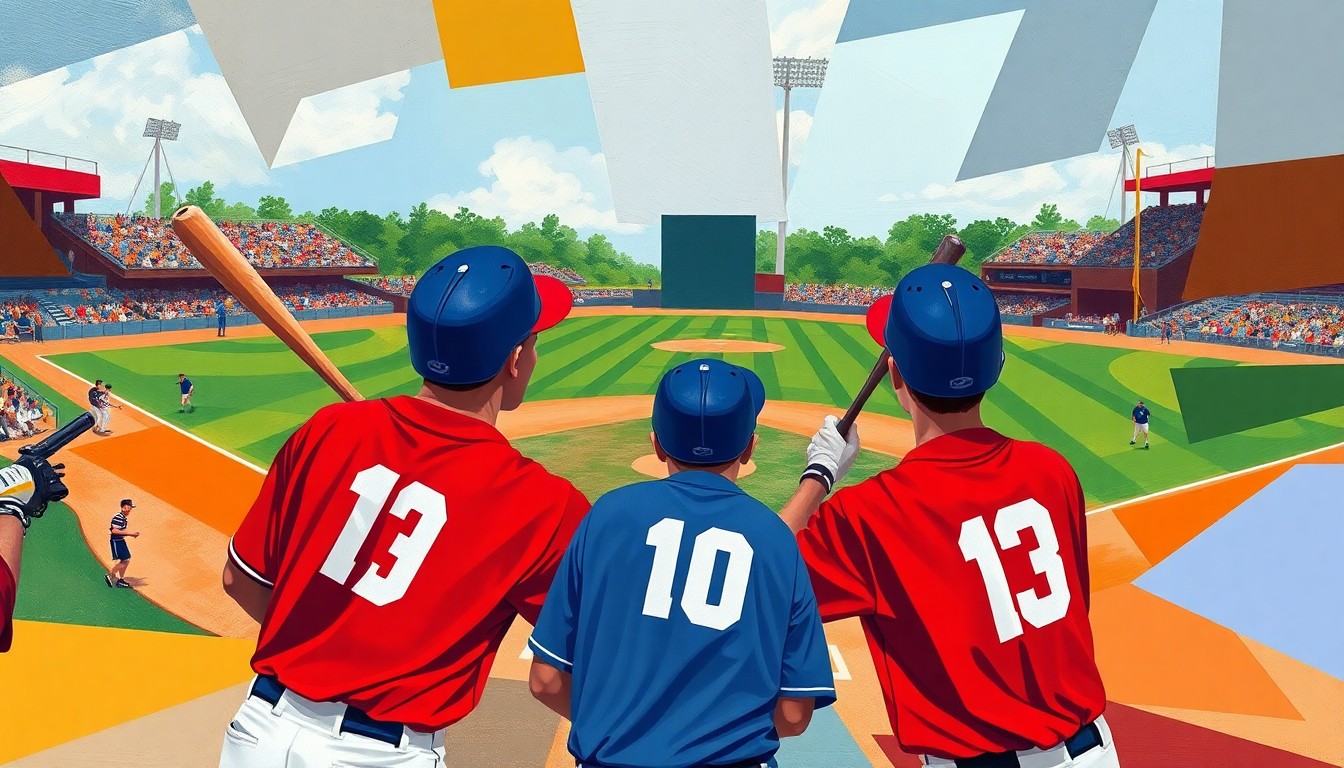 A cubist, geometric painting depicting a high school baseball game, with players, bats, and the diamond field deconstructed into overlapping planes of vibrant colors.