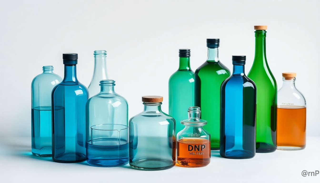 A high-end, photorealistic studio still-life photograph featuring a group of polished, geometric glass bottles and containers in shades of blue, green, and amber, conceptually representing the premium, eco-friendly nature of DPnP specialty chemicals.