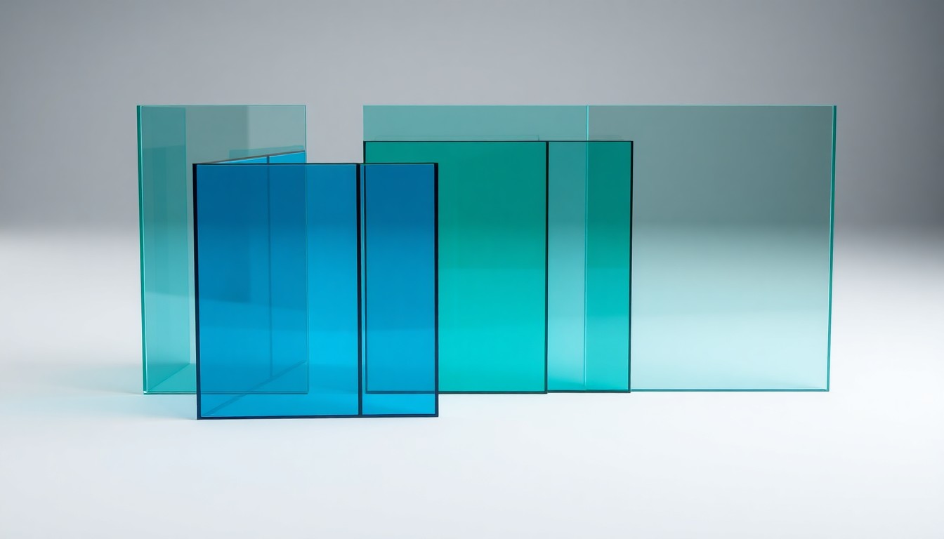 A photorealistic studio still-life photograph featuring a series of premium, polished glass panes in various shades of gray, blue, and green, arranged elegantly on a clean, monochromatic seamless background, conceptually representing the advanced fire-resistant glass materials used in modern construction.