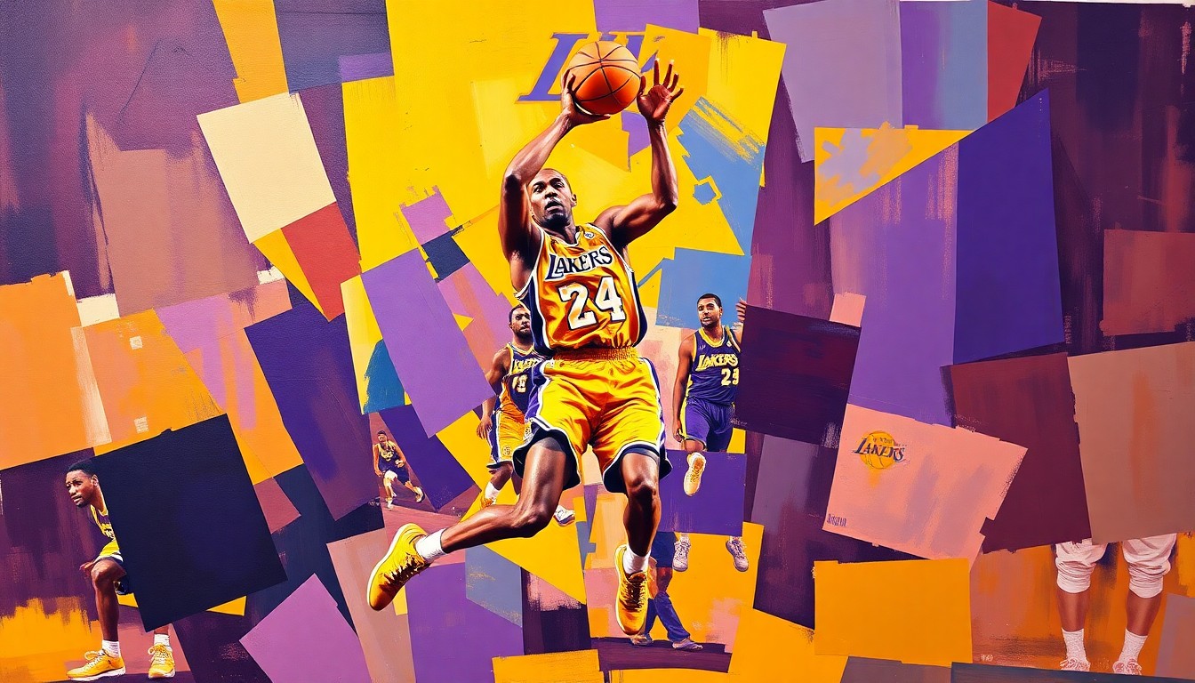 A cubist, geometric painting depicting a basketball player in fragmented, overlapping planes of movement, struggling to grasp the ball, rendered in the Lakers' purple and gold colors.