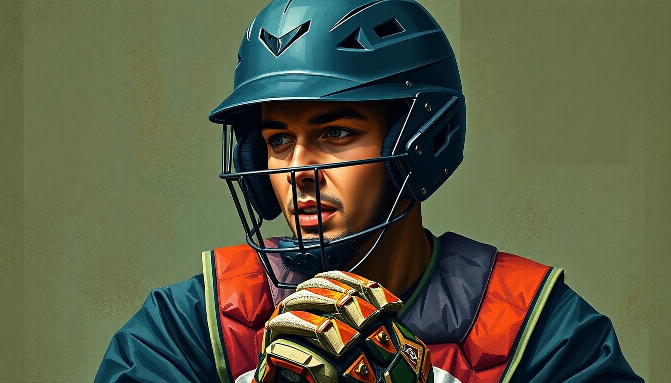 A fragmented, geometric painting depicting a baseball catcher's equipment and body in an abstract, cubist style, using muted tones of navy, green, and orange to convey the resilience and determination of the player.