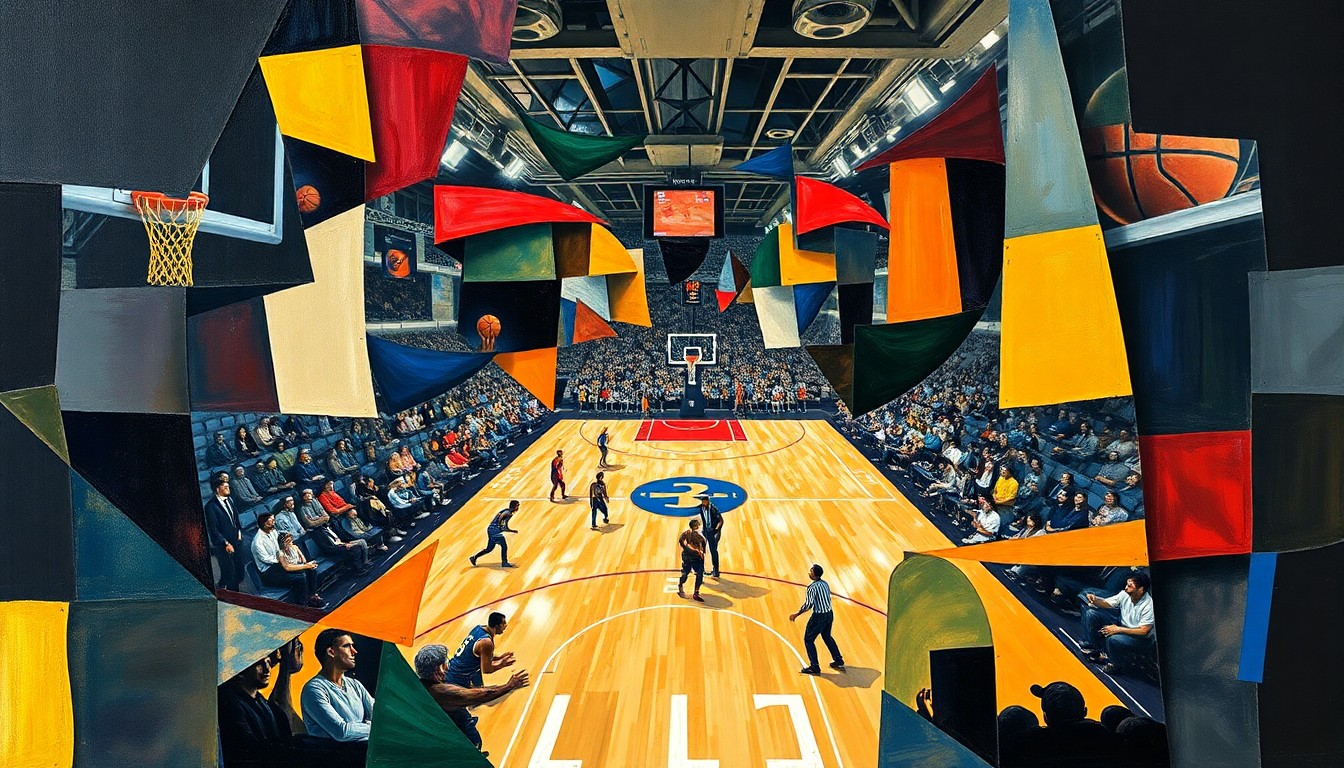 A cubist, geometric painting depicting a basketball game or match, with sharp, overlapping planes of color and form that deconstruct the action on the court.