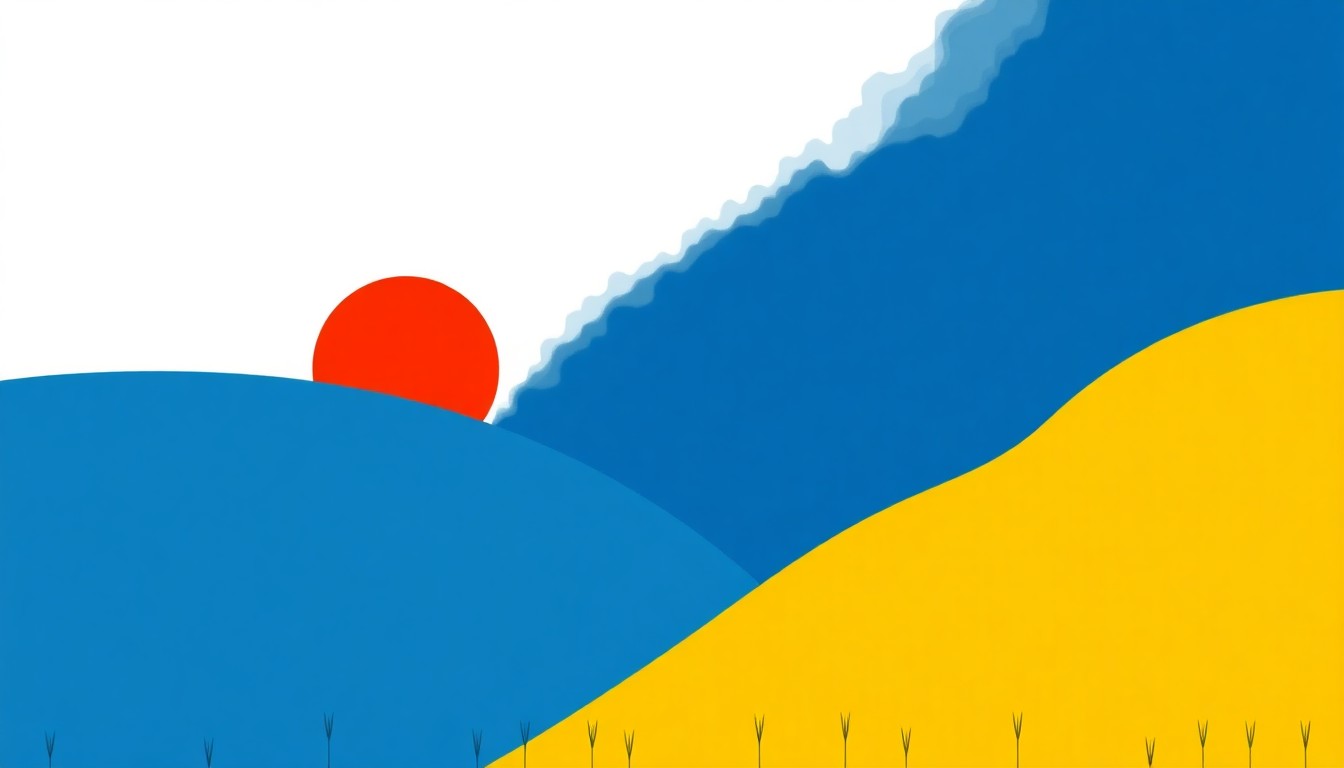 A geometric abstract illustration using simple shapes and primary colors to conceptually represent the economic pressures facing Jersey's agricultural sector due to rising fuel and fertilizer prices.