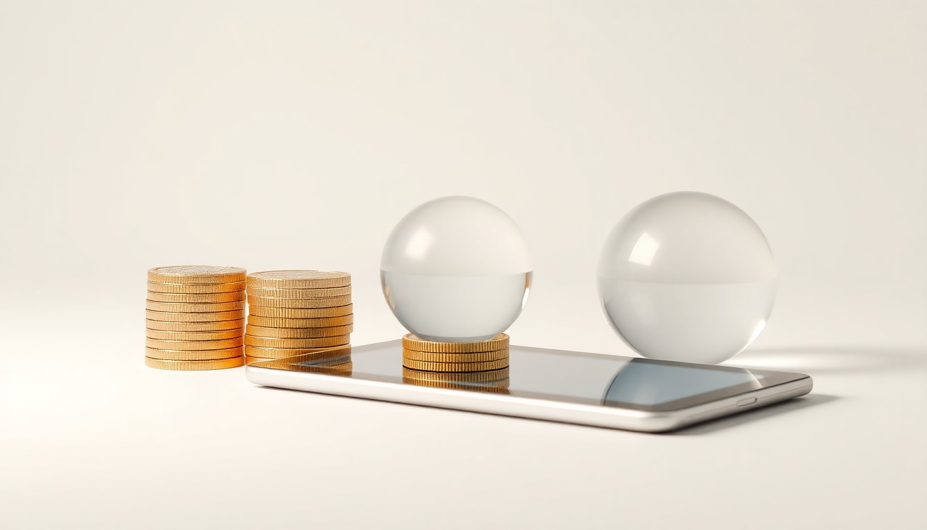 A high-end, photorealistic studio still-life featuring a stack of polished metal coins, a sleek digital tablet, and a smooth glass sphere, conceptually representing the integration of traditional finance and digital assets.