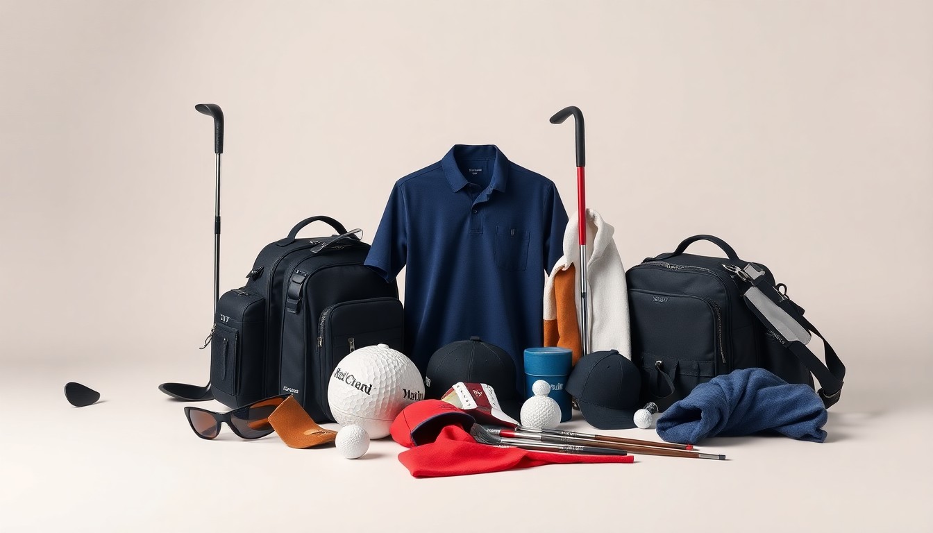 A high-end, photorealistic studio still-life photograph featuring a collection of premium golf equipment, apparel, and accessories arranged elegantly on a clean, monochromatic background, conceptually representing the competitive landscape of the leisure and recreation industry.