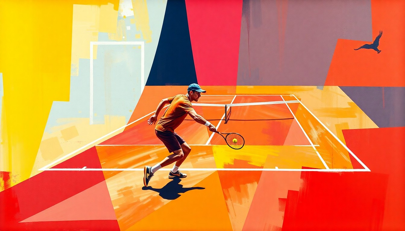 A fractured, multi-perspective painting depicting a tennis player's movement and court positioning on a clay surface, broken down into sharp, overlapping geometric shapes in vibrant shades of red, orange, and yellow, conceptually representing the strategic adjustments Iga Swiatek is making to her clay-court game.