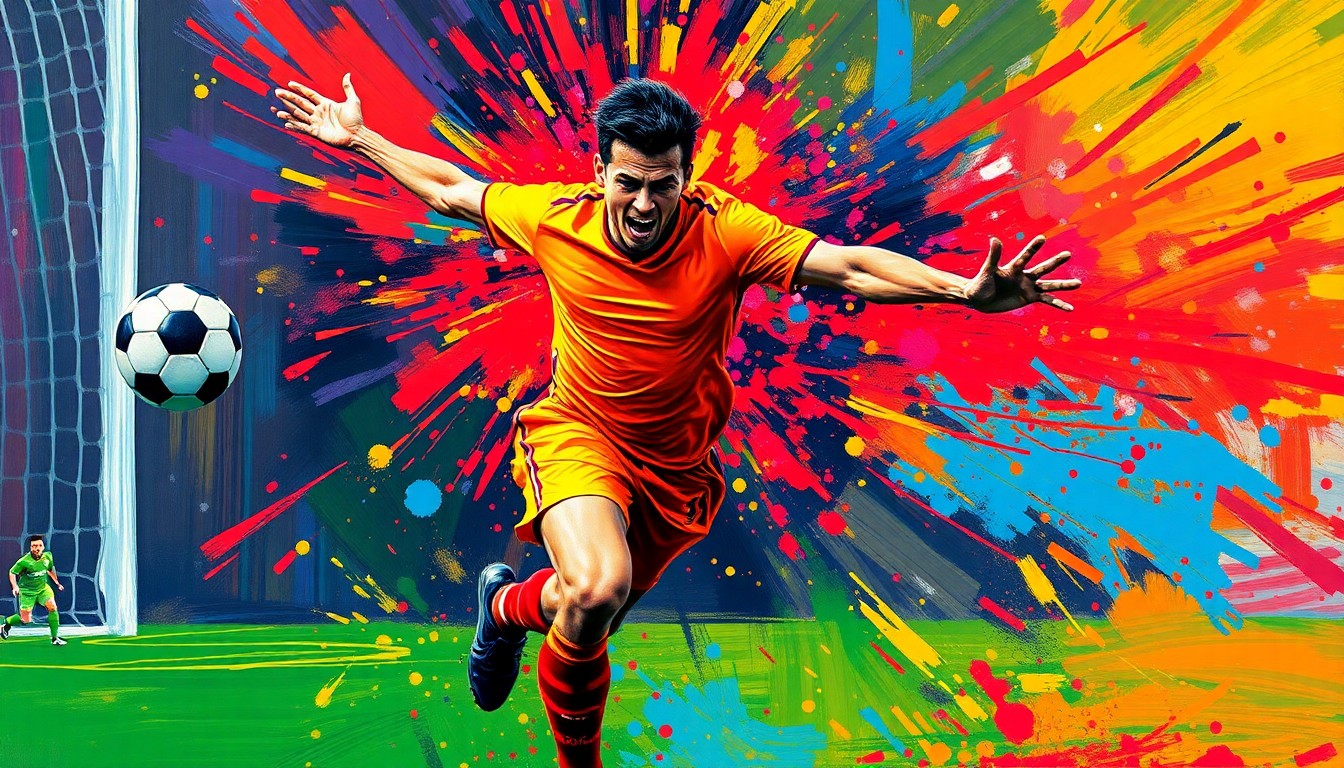 An abstract, expressionist painting in neon colors depicting the dynamic motion and energy of a soccer player scoring a goal, with the player's face and jersey dissolved into unrecognizable brushstrokes.