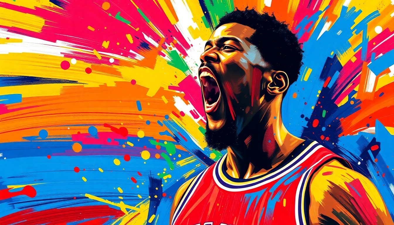 An abstract, expressionist painting in vibrant neon colors, with rapid brushstrokes capturing the raw energy and movement of a basketball player in the midst of an intense scoring performance, their face and jersey number dissolving into unrecognizable splatters of paint.