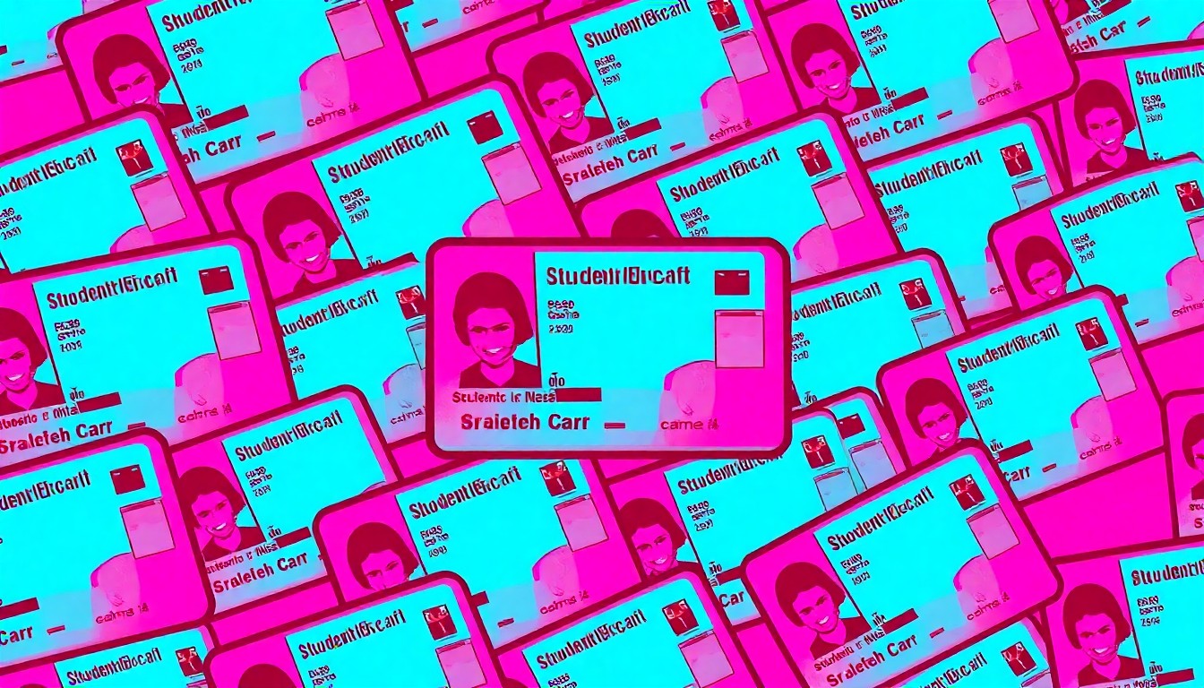 A brightly colored, high-contrast silkscreen print of a student ID card repeated in a tight grid pattern, conceptually representing the student-focused priorities of the UCS election.