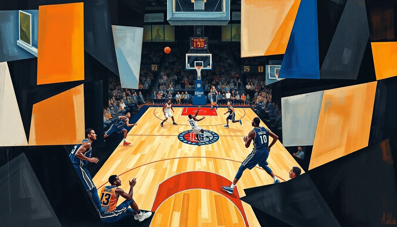 An abstract, cubist-style painting depicting the dynamic movements and energy of a basketball game between the Los Angeles Clippers and Dallas Mavericks, with sharp geometric planes and overlapping perspectives conveying the intensity of the competition.