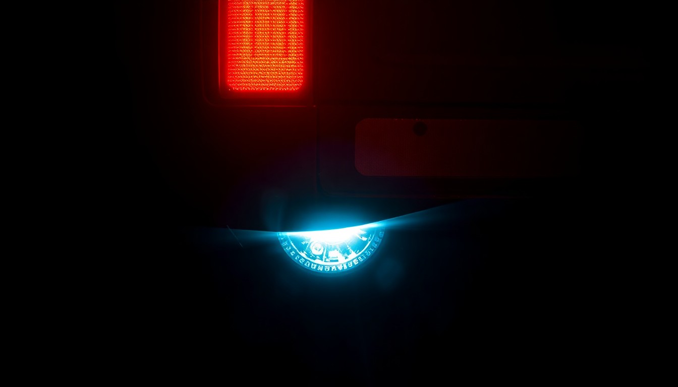 An extreme close-up photograph of a submerged vehicle's taillight lens, reflecting a harsh, direct flash of light against a dark background, creating a stark, gritty visual that conceptually represents the urgency and intensity of a water rescue operation.