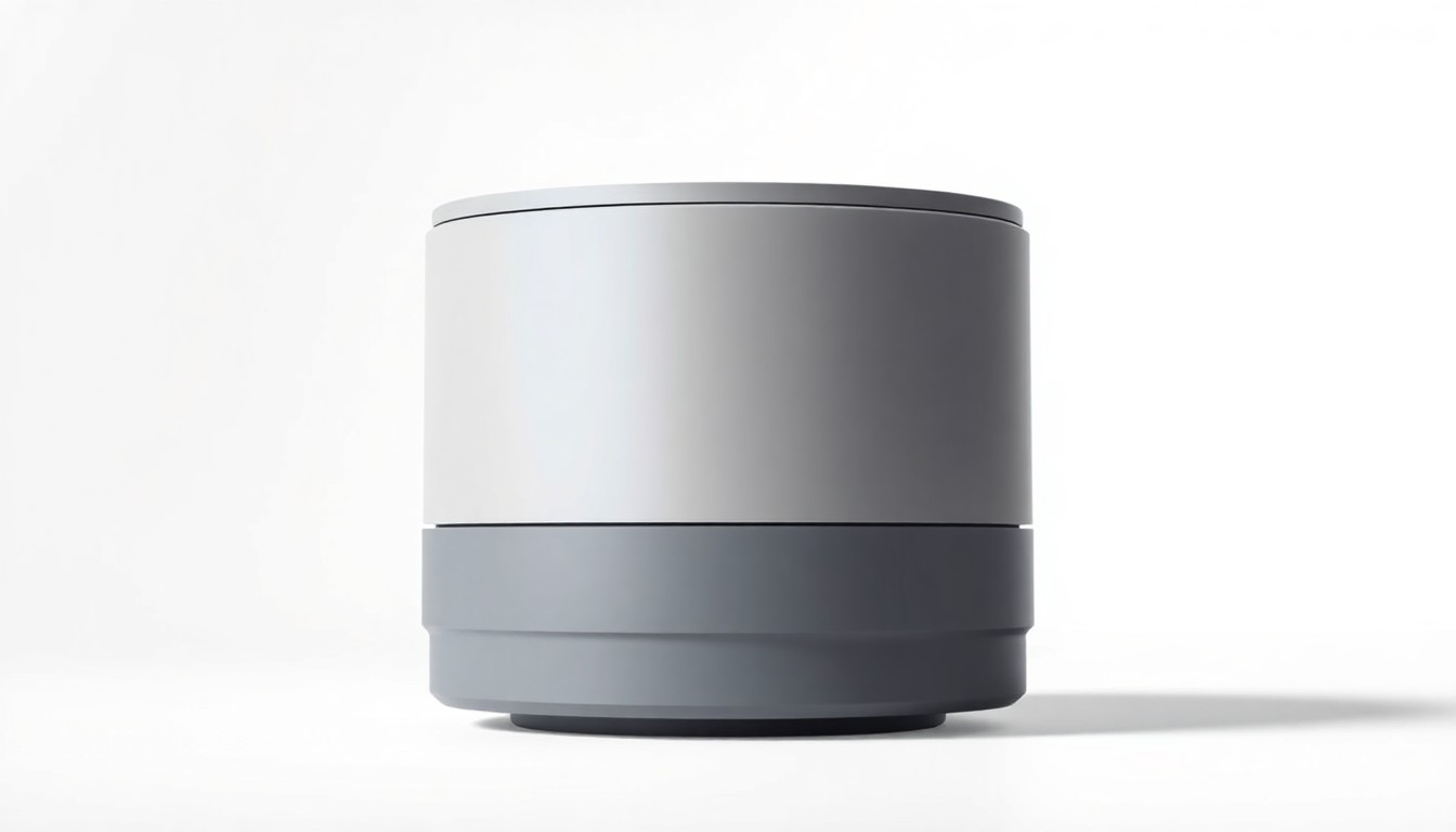 An extreme close-up of a sleek, minimalist cylindrical container with smooth grey plastic and metallic accents, conceptually representing a high-tech solder paste product designed for advanced electronics manufacturing.
