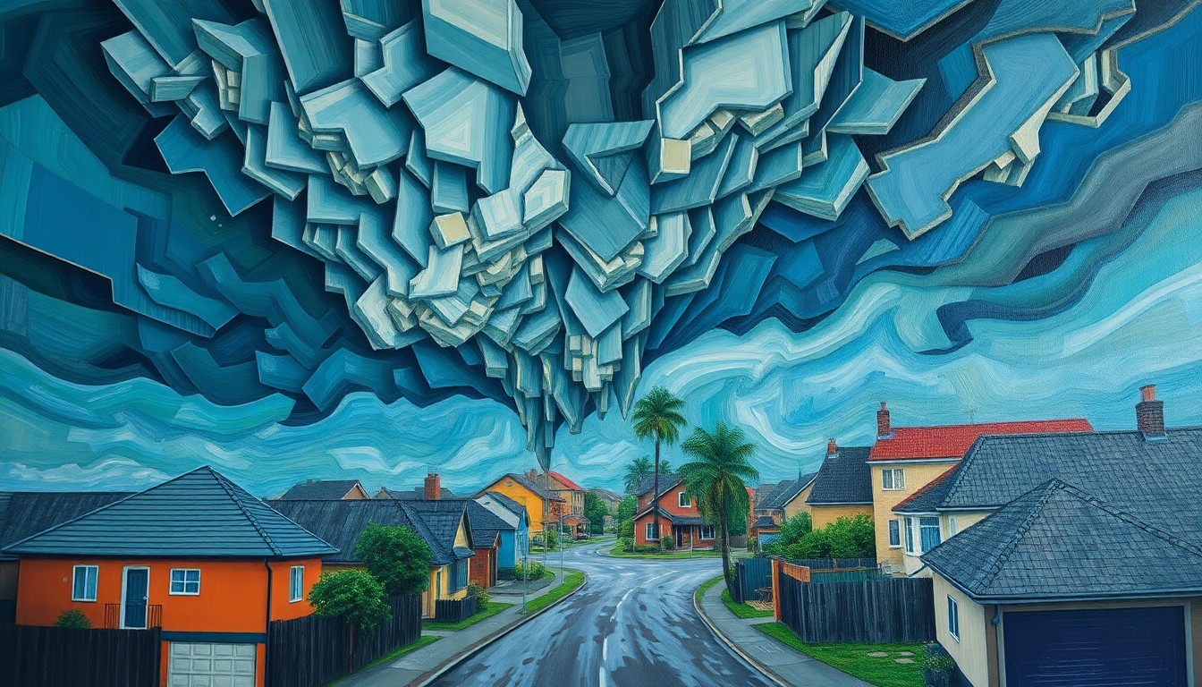 A cubist-style painting depicting a powerful storm's impact on a neighborhood, with shattered homes and uprooted trees rendered in sharp, overlapping geometric planes of deep blues, greens, and grays, capturing the intensity of the weather event.