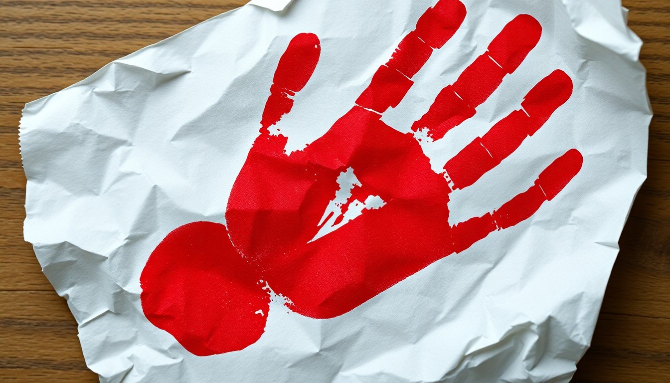 An extreme close-up photograph of a crumpled piece of paper with a vivid red handprint, conveying the gritty, investigative nature of the alleged crimes against students.
