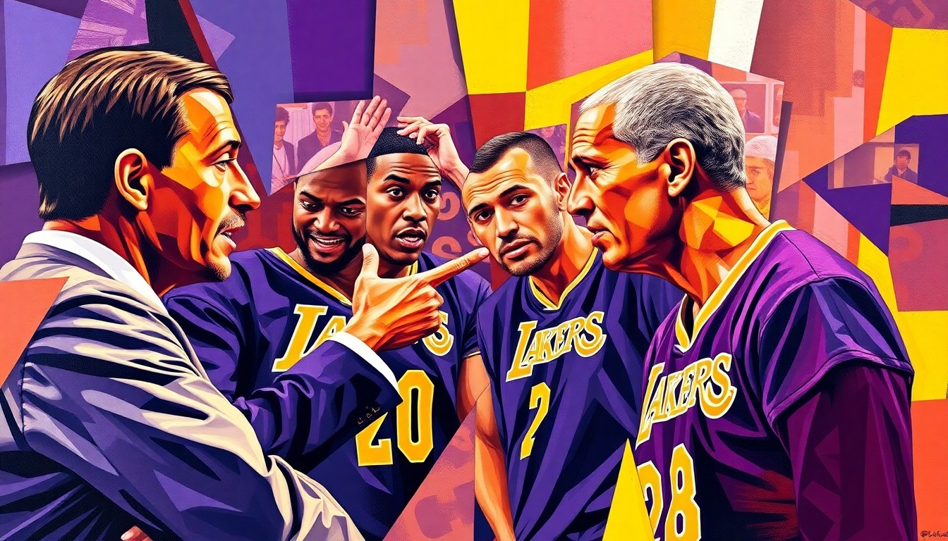A fractured, cubist-style painting depicting the heated exchange between a basketball coach and player, with sharp geometric planes in the Lakers' colors of purple and gold representing the tension and conflict on the sideline.