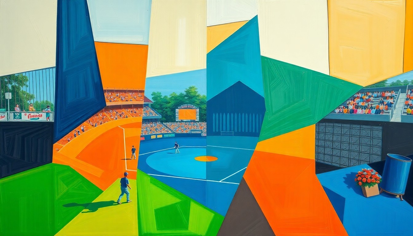 A cubist, geometric painting depicting a high school baseball game, with the players and field broken down into sharp, overlapping planes of color, capturing the dynamic energy of the sport.
