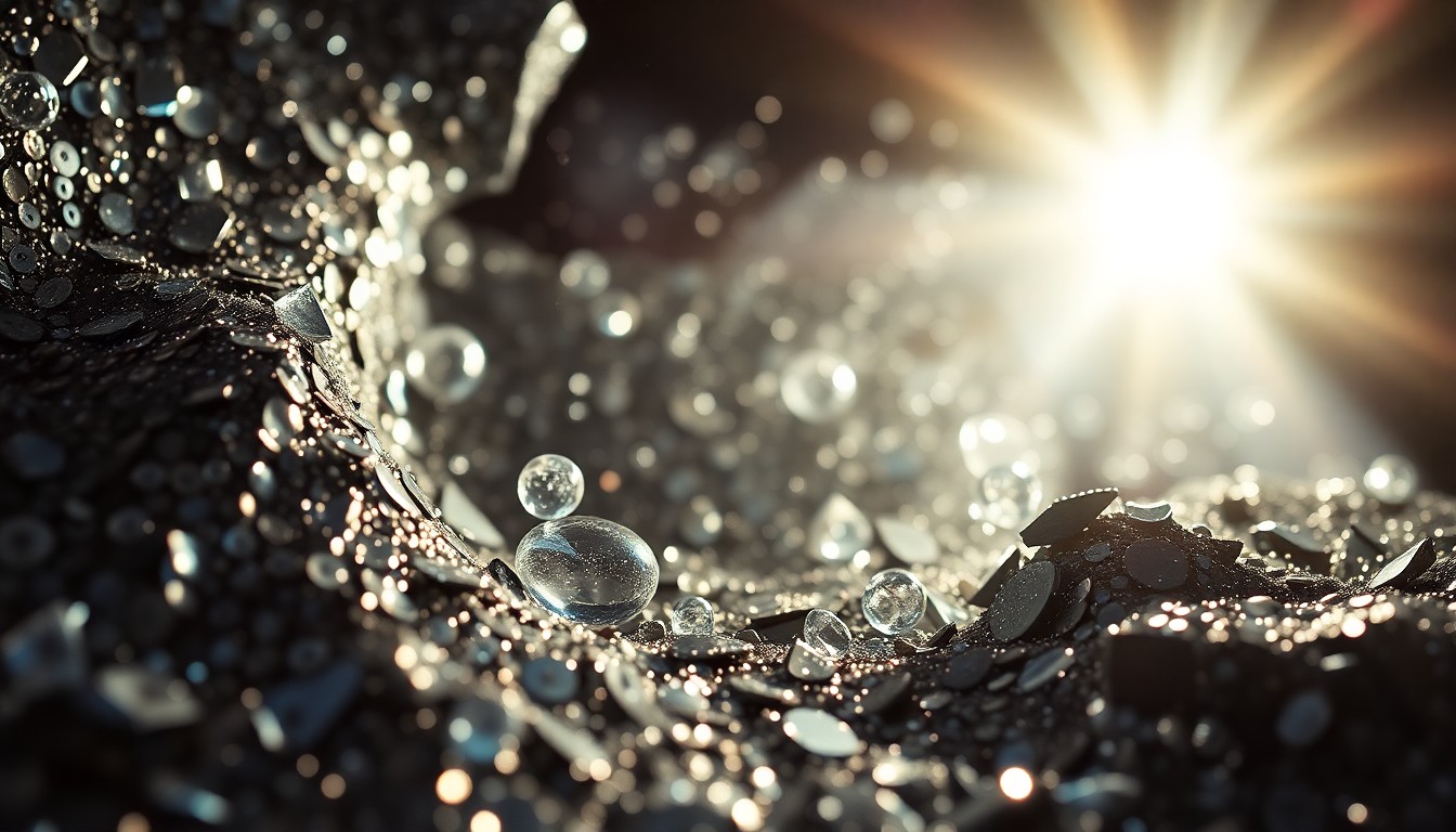 An abstract, high-contrast close-up image of shimmering sequins and shattered glass, capturing the glamour and fragility of celebrity culture.