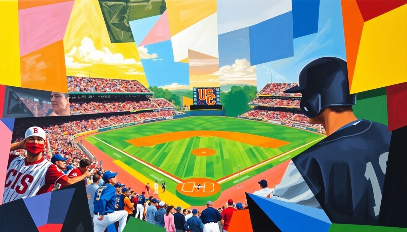 A cubist, geometric painting depicting a college baseball game, with overlapping planes of bright colors representing the uniforms of the competing teams.