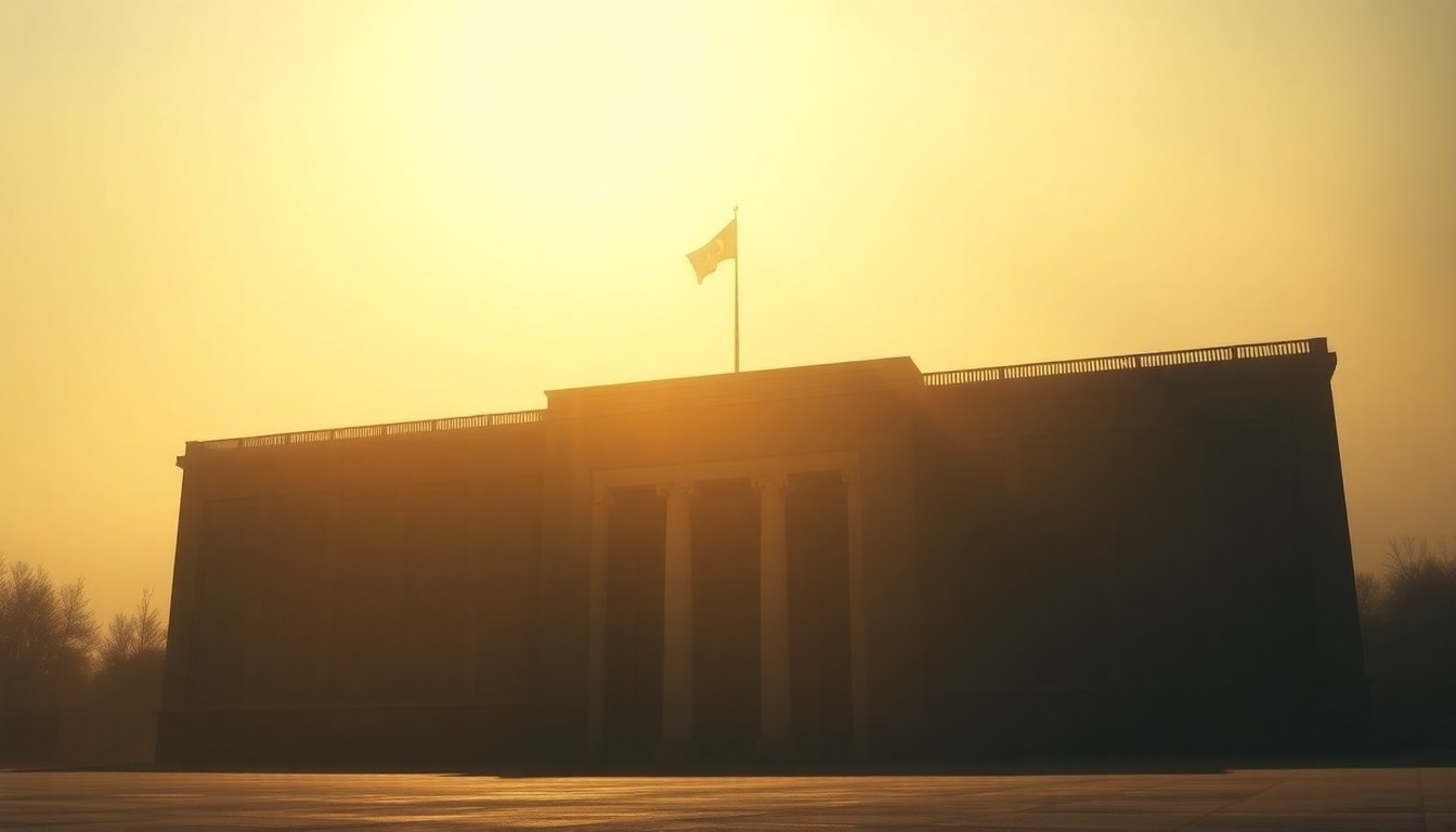 A serene, cinematic painting of an Iranian government building in warm, muted tones, with deep shadows and a sense of political unease.