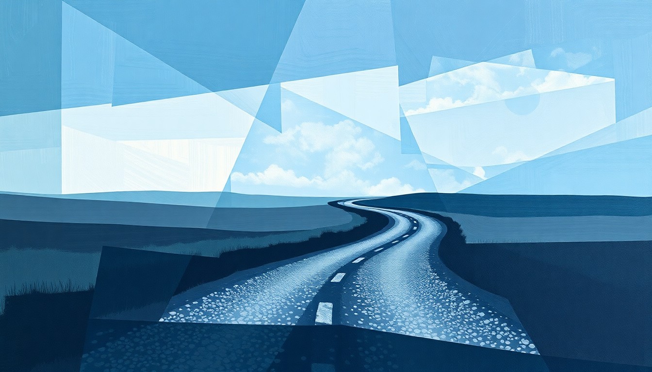 A fractured, abstract painting in shades of blue, grey, and white depicting the silhouette of a winding gravel road cutting across a border landscape, with the road and border line repeating and distorting in a sense of motion and division, conceptually representing the disruption to a long-standing community connection.