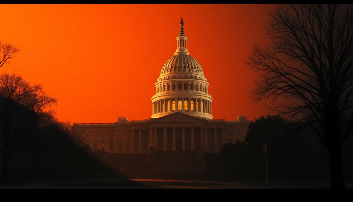 A serene, photorealistic painting of the U.S. Capitol building, its grand facade illuminated by warm, angled sunlight casting deep shadows across the scene, conveying a sense of timeless civic importance and the enduring partnership between the two nations.