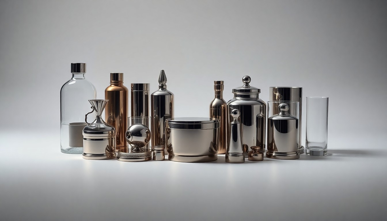 A high-end, photorealistic studio still-life photograph featuring a collection of premium, polished metal and glass objects arranged elegantly on a clean, monochromatic background. The dramatic lighting and shadows create a sense of tension, symbolizing the abstract concepts of corporate strategy, finance, and wealth inequality.