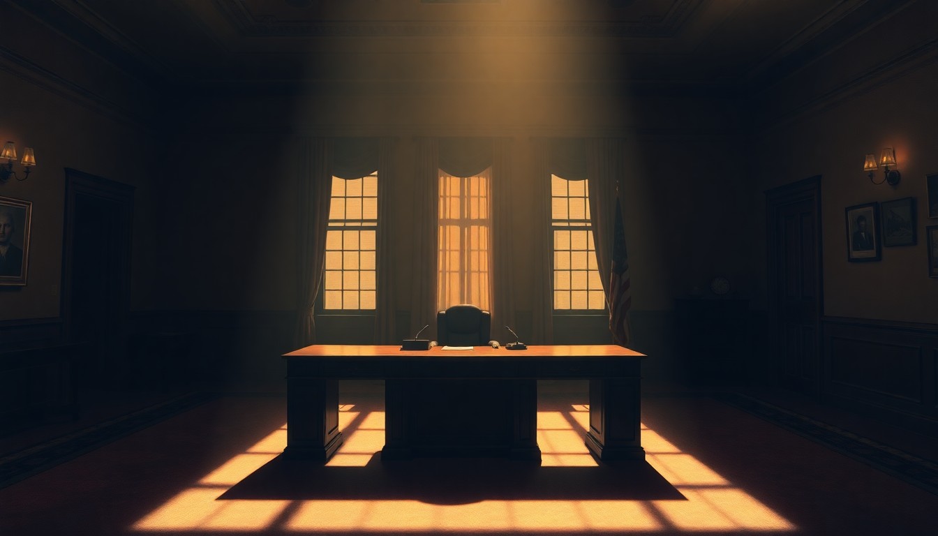 A dimly lit, cinematic painting of a simple wooden desk in an empty government office, with a single chair and a window casting warm, diagonal sunlight across the scene, conceptually representing the solitary nature of political office and the growing tensions between a politician's public persona and the media's investigative efforts.