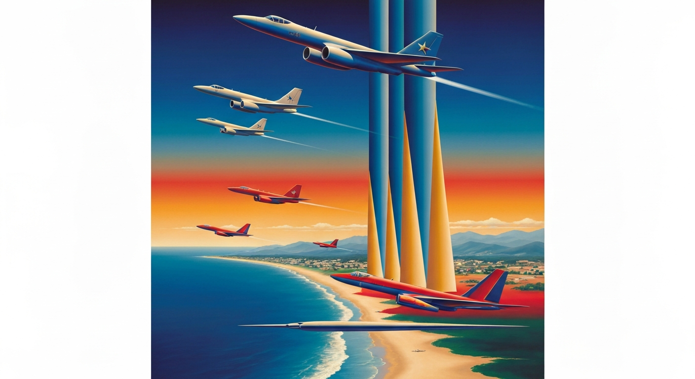A bold, geometric illustration in shades of blue, red, and gold, depicting the sweeping scale and grandeur of the Cocoa Beach Air Show, with aircraft and the coastline rendered in a sleek, streamlined style.