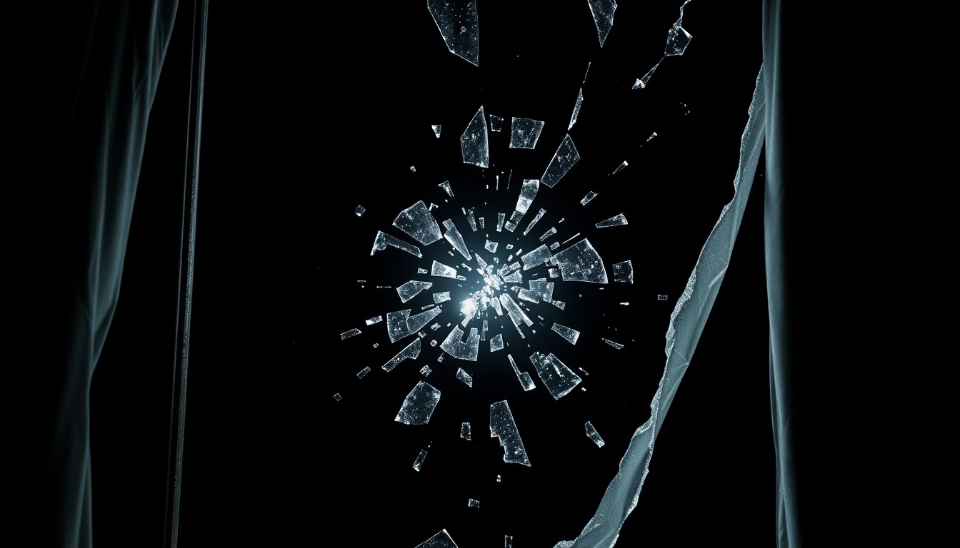 An extreme close-up of a shattered window frame, glass shards, and torn curtains, conceptually illustrating the damage caused to a private home during a police operation.