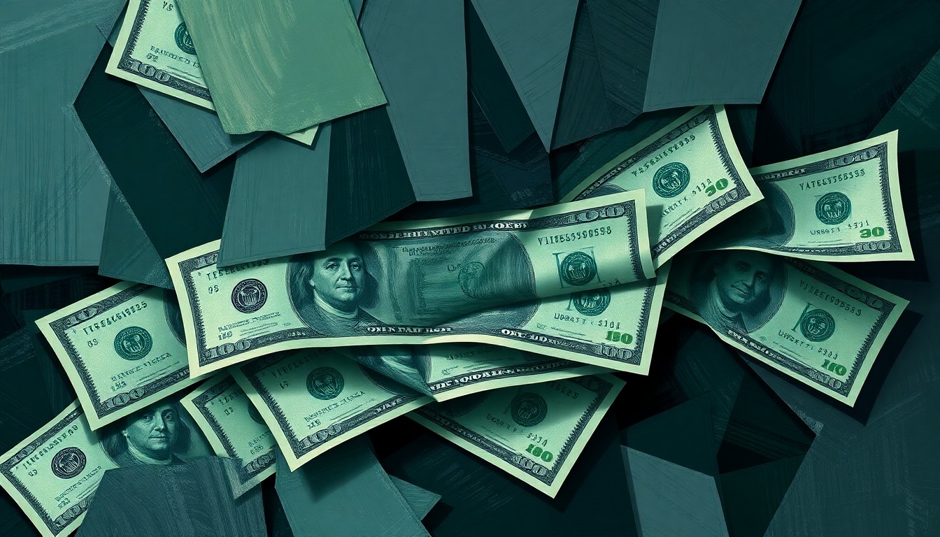 A dynamic, fragmented painting of stacked dollar bills in shades of green and blue, conveying the anonymous flow of dark money fueling the socialist movement in America.