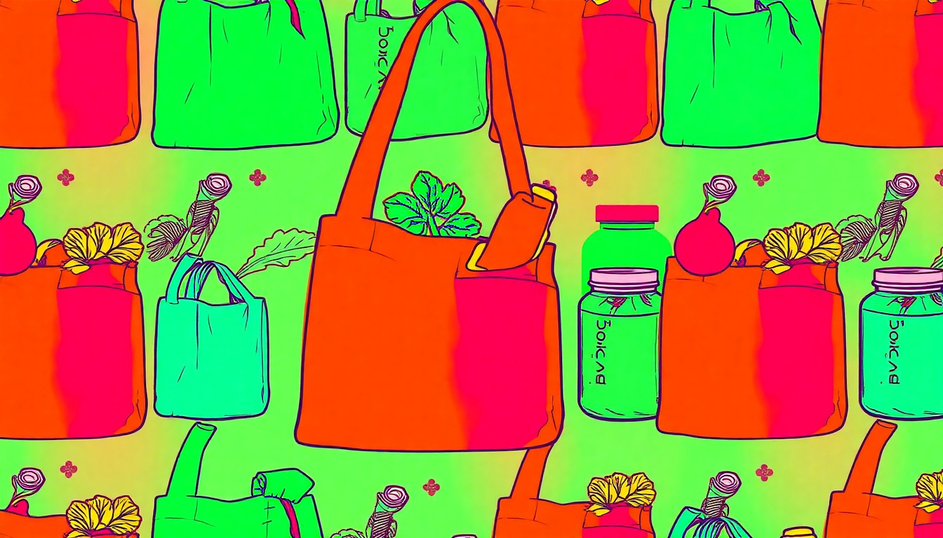 A brightly colored, high-contrast silkscreen print of a reusable grocery bag repeated in a tight grid pattern, conceptually representing the iconic products and community-focused mission of Rainbow Grocery Cooperative.