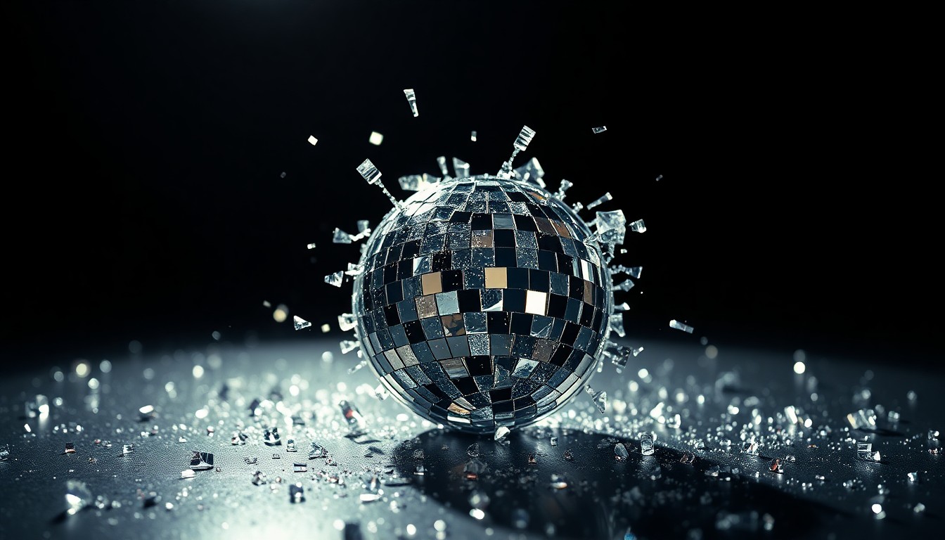 An abstract close-up image of shattered glass reflecting dramatic studio lighting, conveying the glitz and energy of the entertainment world.