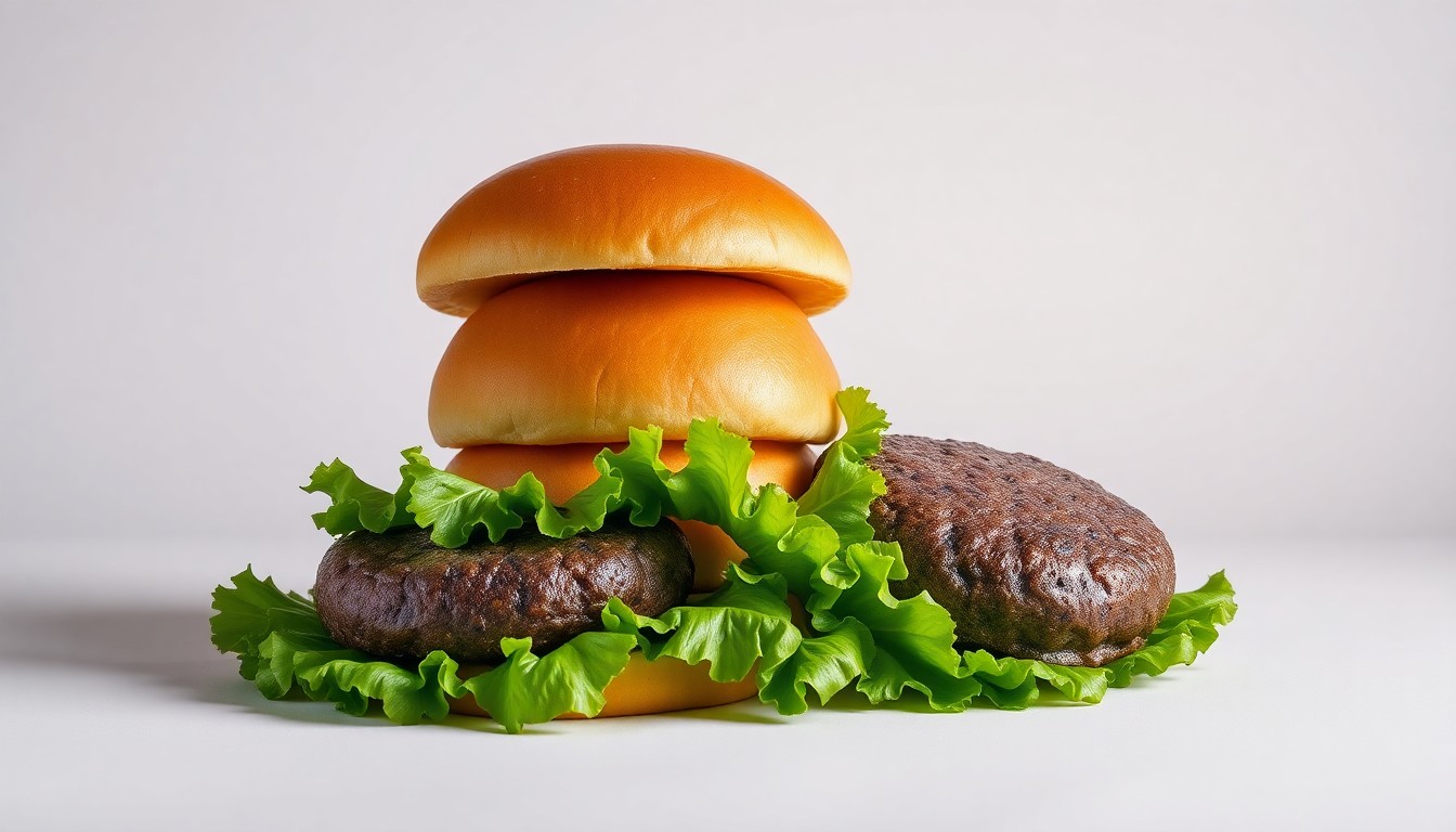 A high-end, photorealistic studio still-life photograph featuring a stack of premium burger buns, a pile of fresh lettuce leaves, and a gleaming metal burger patty on a clean, monochromatic seamless background, conceptually representing the premium quality and craftsmanship of the Boxcar Burgers brand.
