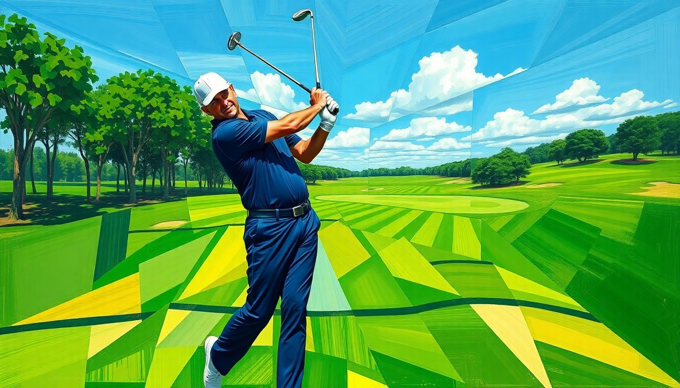 A cubist-style painting depicting the fractured, geometric shapes of a golfer's swing and movements on a golf course, using vibrant greens, blues, and navy to capture the energy and emotion of Gary Woodland's return to the Masters.