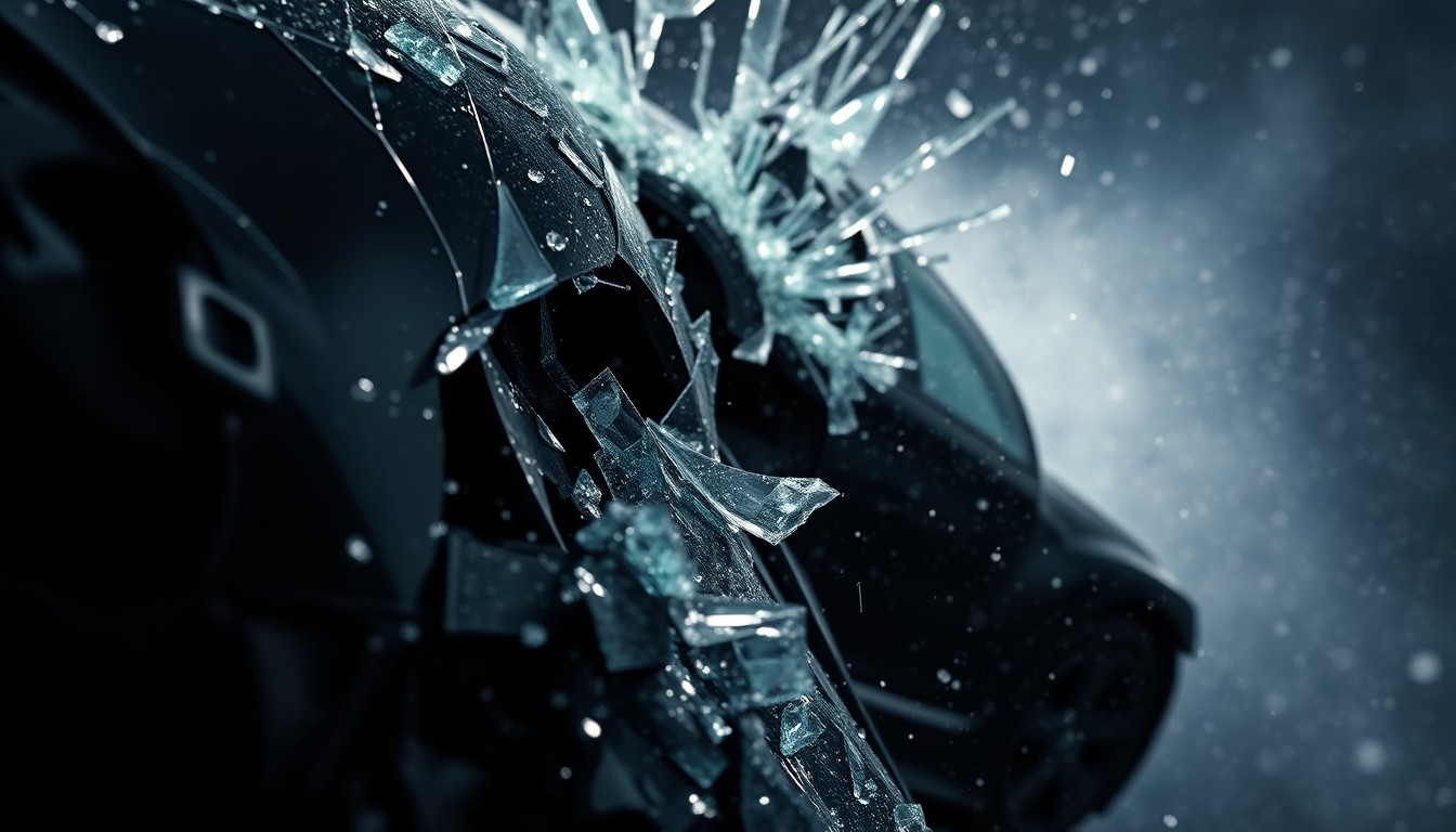 An extreme close-up photograph of shattered glass and twisted metal, capturing the aftermath of a high-speed collision in dramatic, high-contrast lighting.
