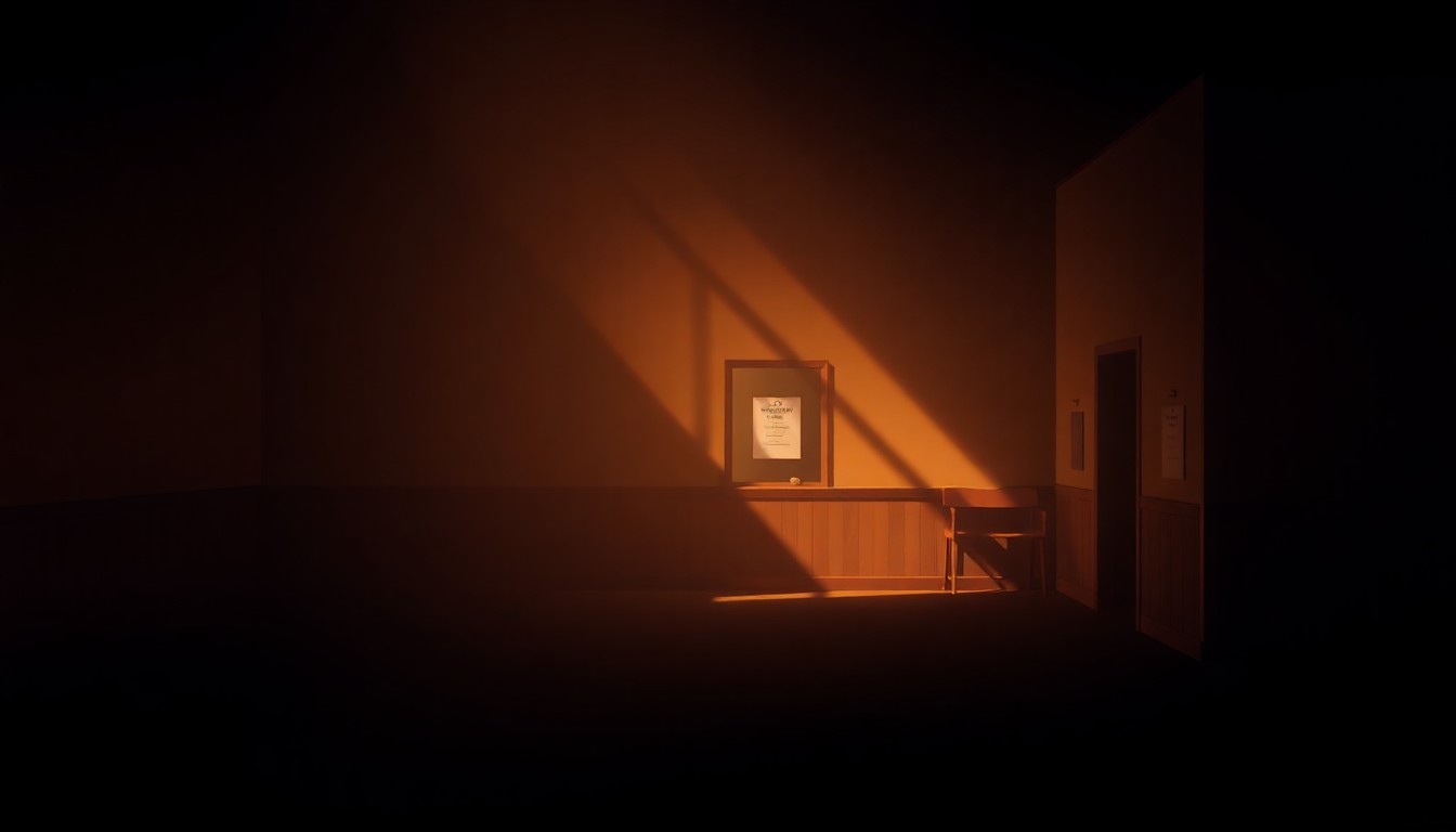 A serene, photorealistic painting of an empty polling station in a small town, with warm sunlight streaming through the windows and deep shadows cast across the floor and walls, creating a contemplative, nostalgic mood.
