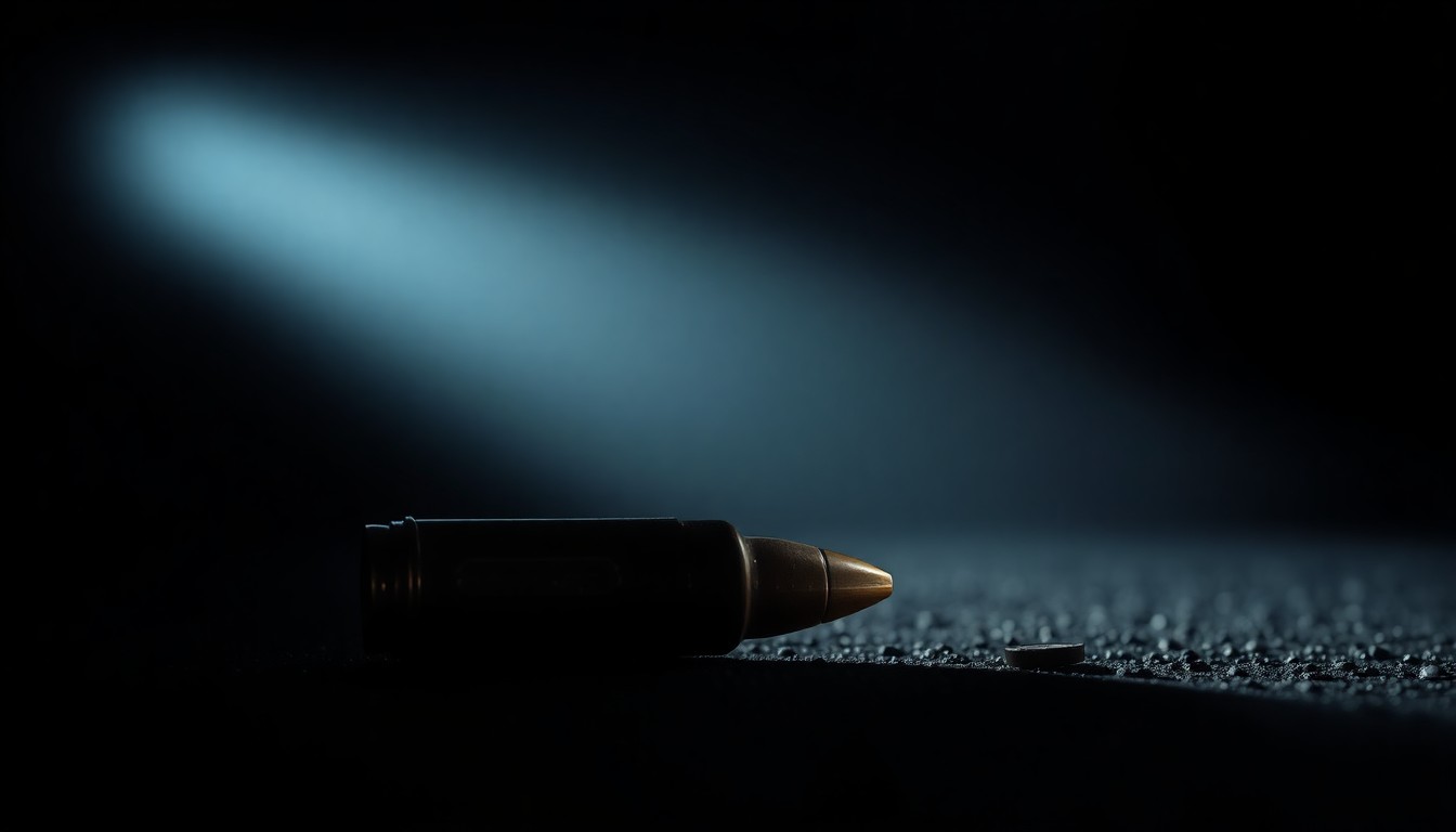 An extreme close-up photograph of a bullet casing on the ground, reflecting a bright flash of light and creating a stark, gritty, investigative aesthetic.