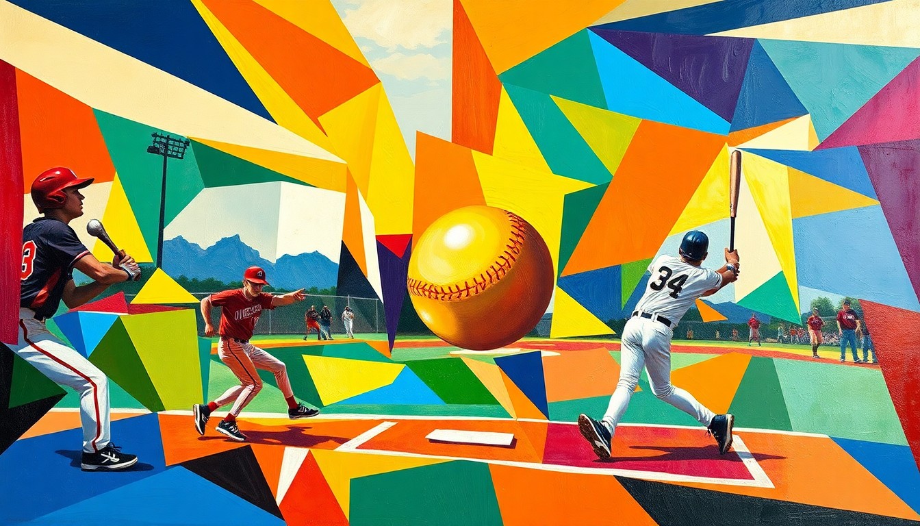 A fragmented, geometric painting in vibrant colors representing the movements and energy of a high school sports competition.