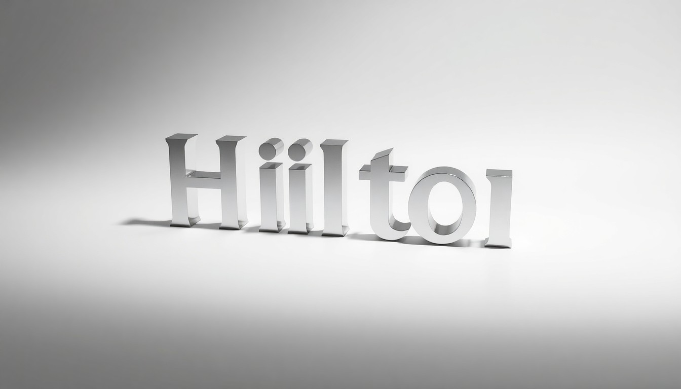 A photorealistic studio photograph featuring a polished metal sculpture in the shape of the Hilton logo, resting on a clean white background and dramatically lit to convey the company's market dominance and premium brand.