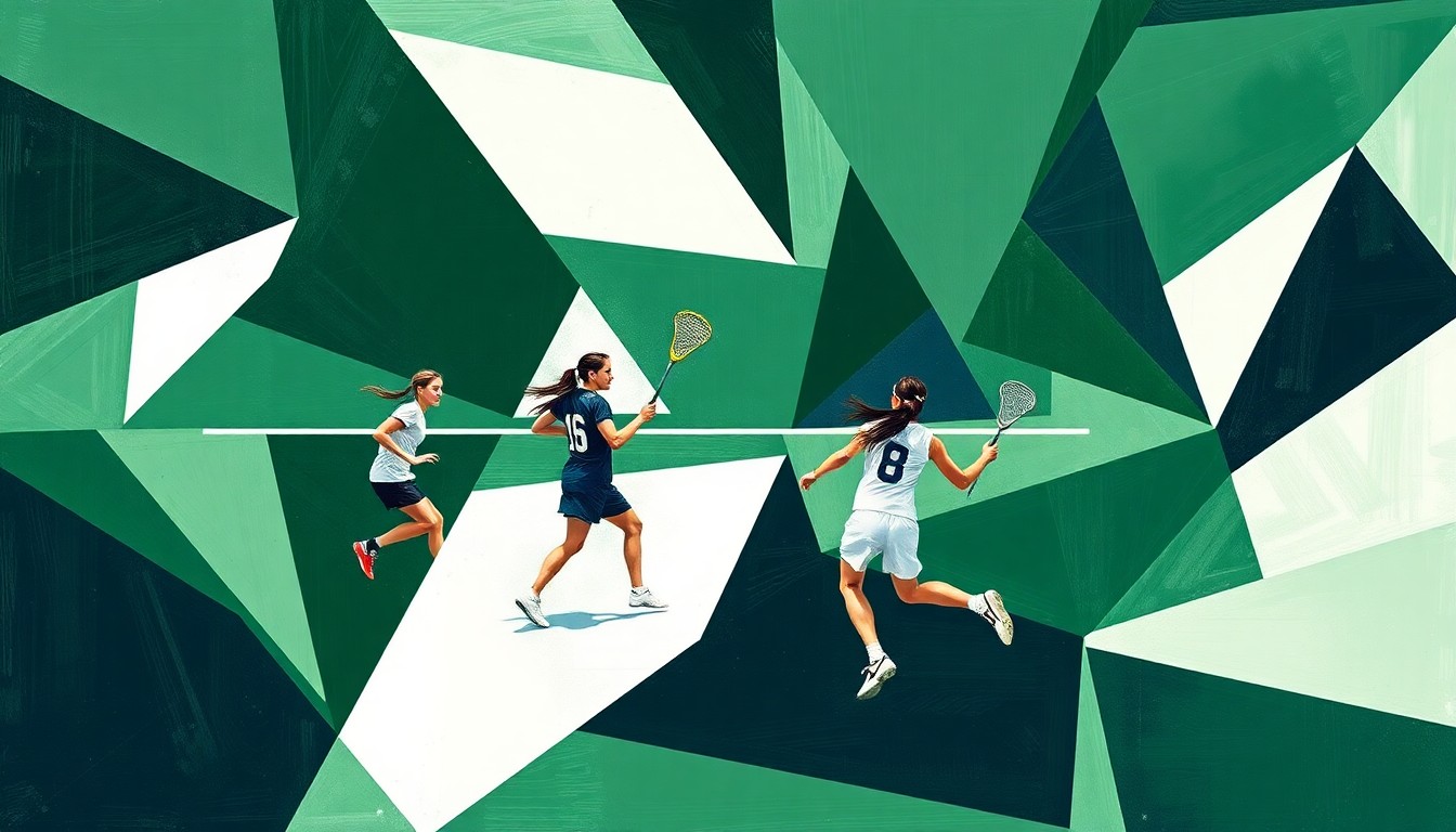 A fragmented, geometric painting depicting a girls lacrosse match, with overlapping planes of green, blue, and white representing the players and action on the field.