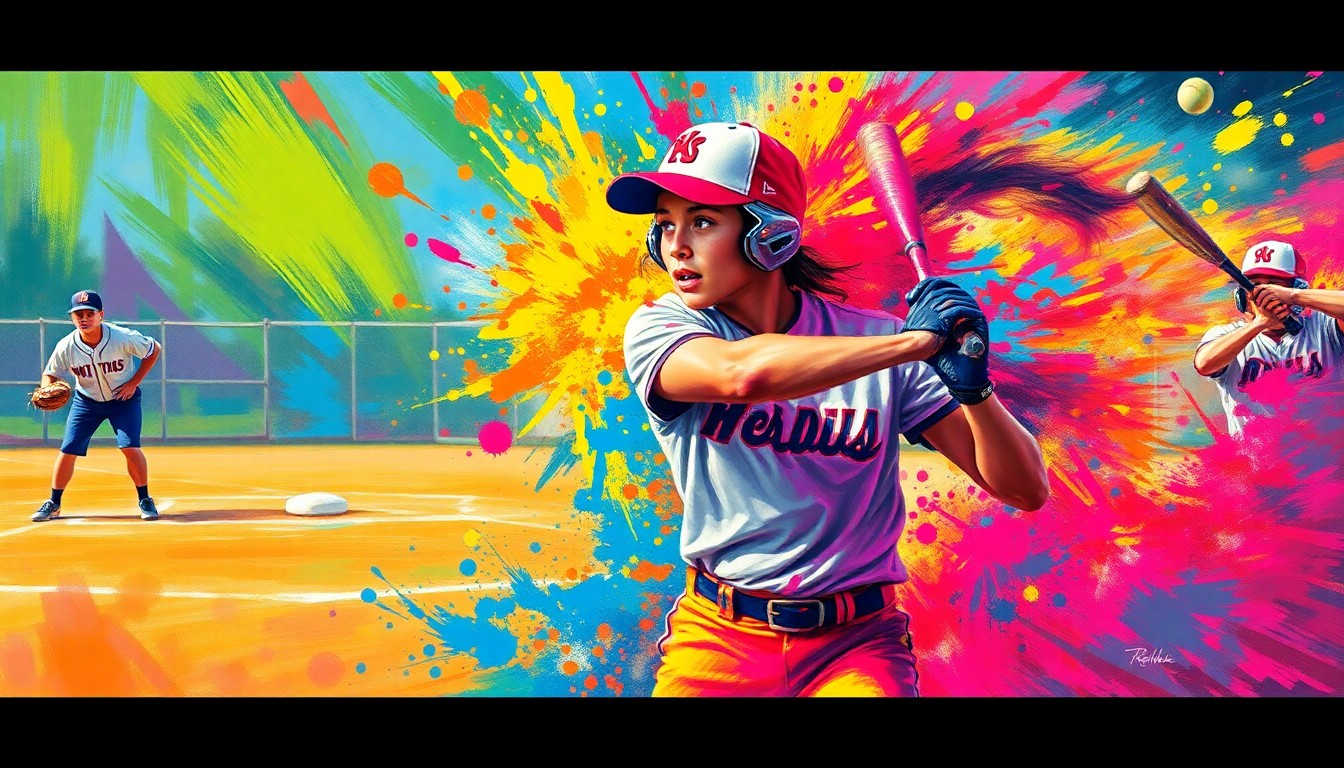 An abstract, expressionist painting in vibrant neon colors, capturing the intense energy and movement of a high school softball game.