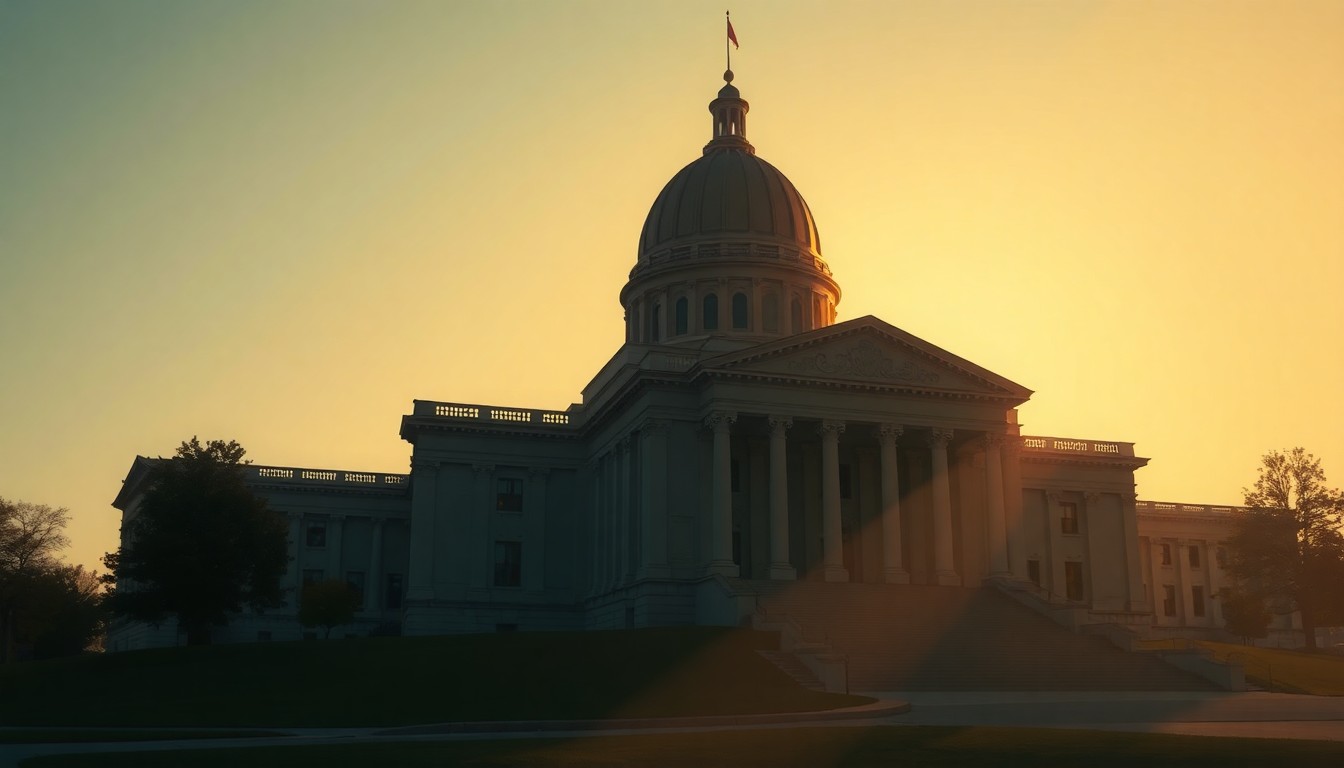A serene, painterly depiction of the North Dakota State Capitol building in Bismarck, with the structure bathed in warm, golden light and deep shadows, conveying a sense of political significance and civic pride surrounding the upcoming America 250 events.